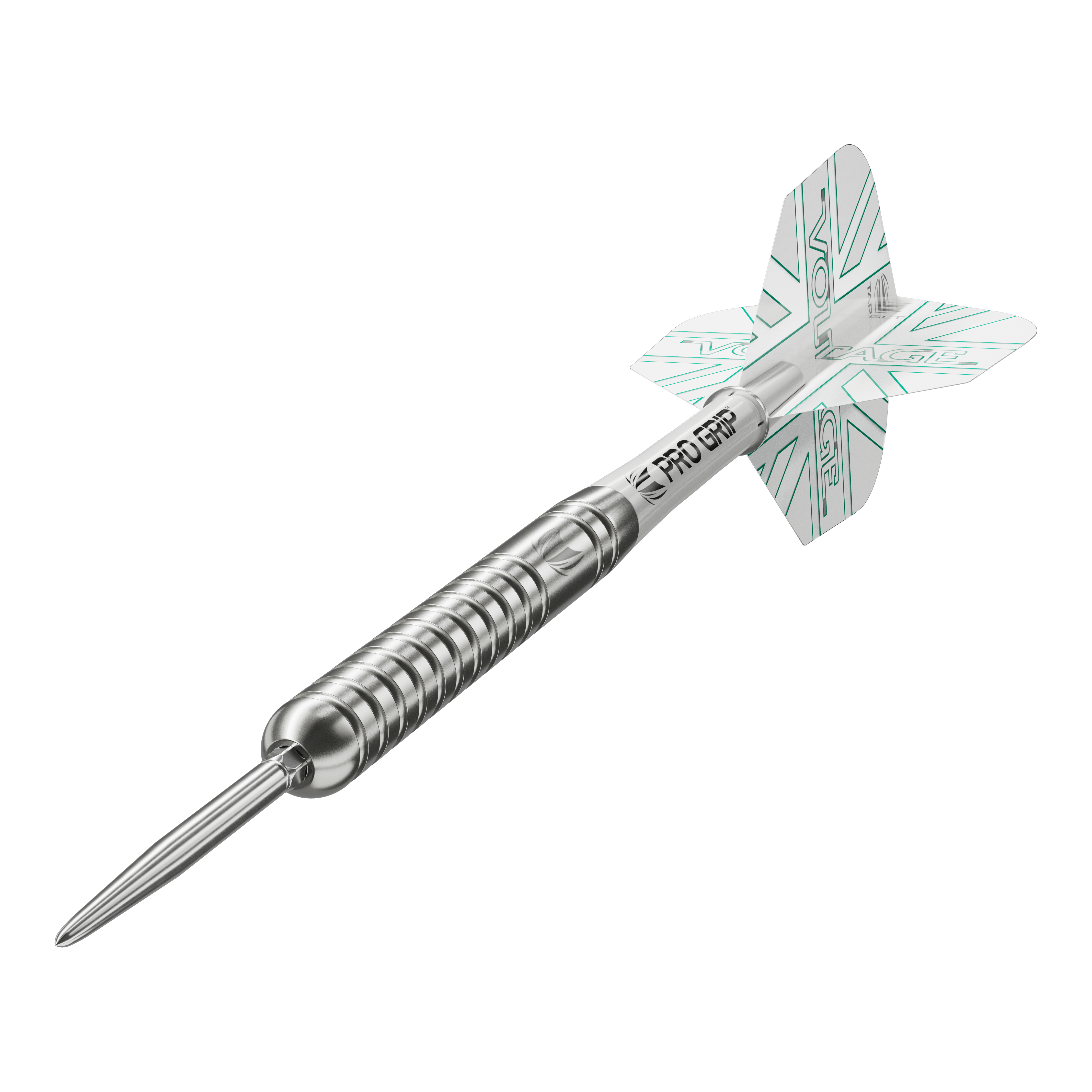 Target Rob Cross Voltage Swiss Point Steel Darts Das Bild zeigt einen Target Rob Cross Voltage Swiss Point Steeldart. Der Dartpfeil ist silbern und hat weiße Flights mit grünen Akzenten.