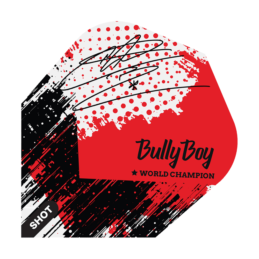 Das Bild zeigt ein Dart-Flight mit einem modernen, rot-schwarzen Design und einem Autogramm. Auf dem Flight steht "Bully Boy" und "World Champion" sowie das Markenlogo "Shot".