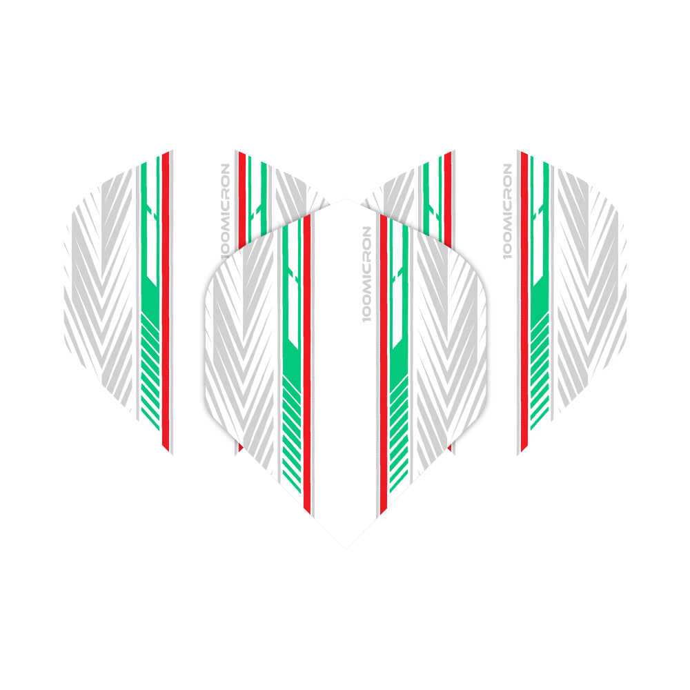 Pentathlon Flights white/green/red Das Bild zeigt die "Pentathlon White Green Red No2 Standard Flights" für Dartpfeile. Die Flights sind weiß mit auffälligen grünen, roten und silbernen Streifen gestaltet.