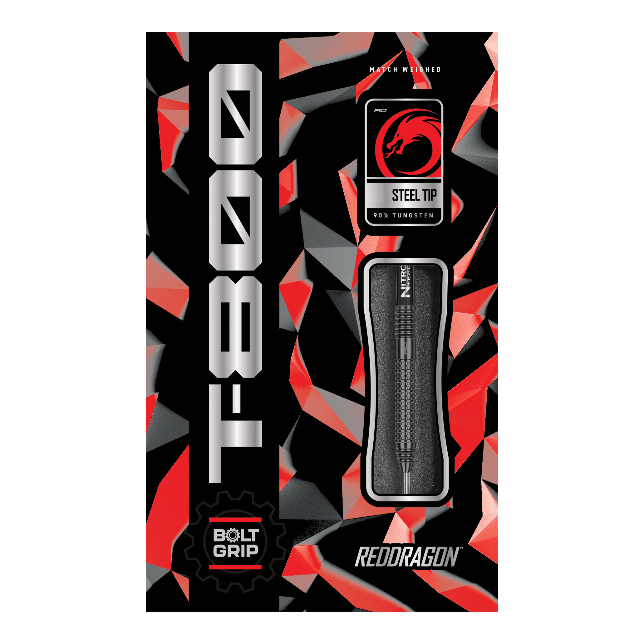 Red Dragon T-800 Steeldarts Die Abbildung zeigt die Verpackung der Red Dragon T-800 Steeldarts. Das Design ist schwarz mit roten und silbernen Akzenten, und der Dartpfeil ist in der Mitte sichtbar.