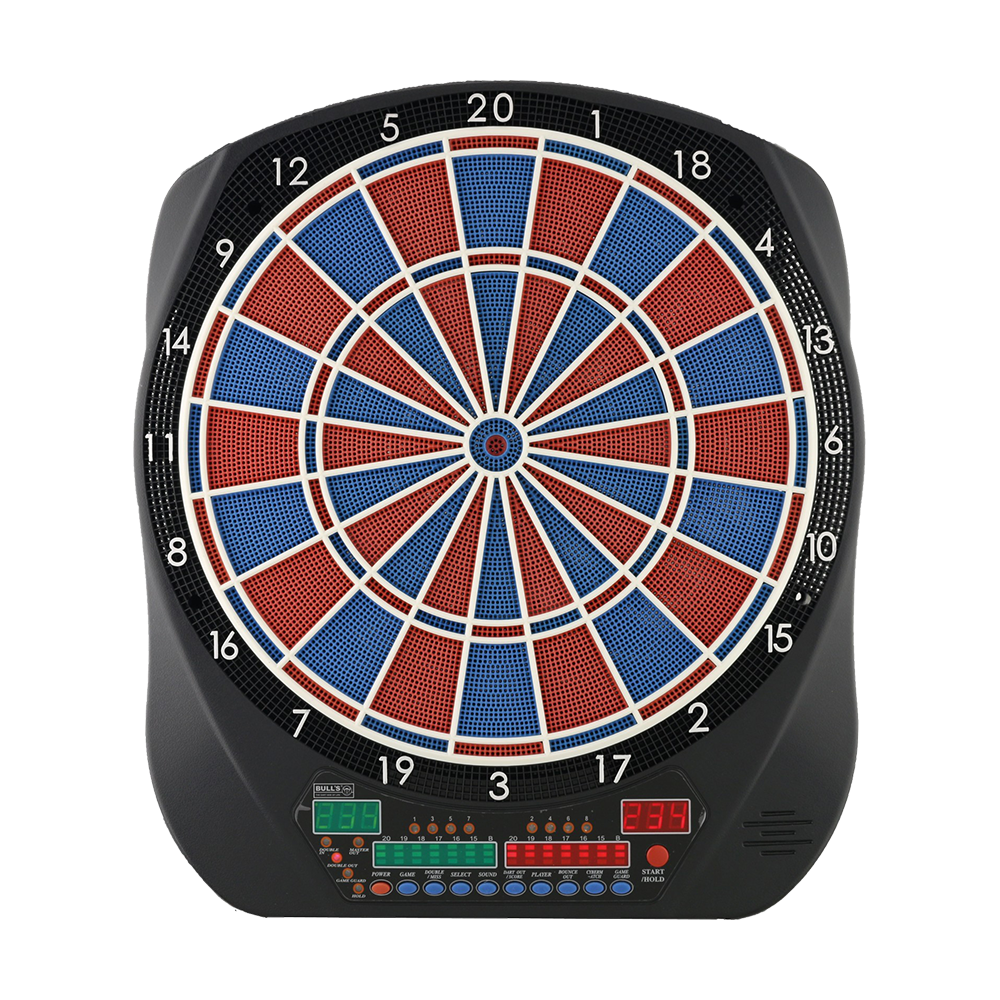 67974_Bulls_Flash_RB_Sound-Elektronik-Dartboard_1 Das Bild zeigt ein elektronisches Dartboard mit farbigen Feldern in Rot und Blau. Unten am Gerät sind digitale Anzeigen und mehrere Tasten zu sehen.