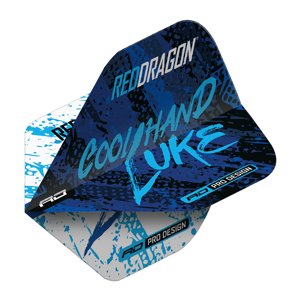 Das Bild zeigt ein Dart-Flight im Design "Red Dragon Luke Humphries World Champion Blue White Yin Yang Standard Flights". Auf dem Flight stehen die Worte "Cool Hand Luke" in blauer Schrift auf einem blau-weißen Hintergrund.