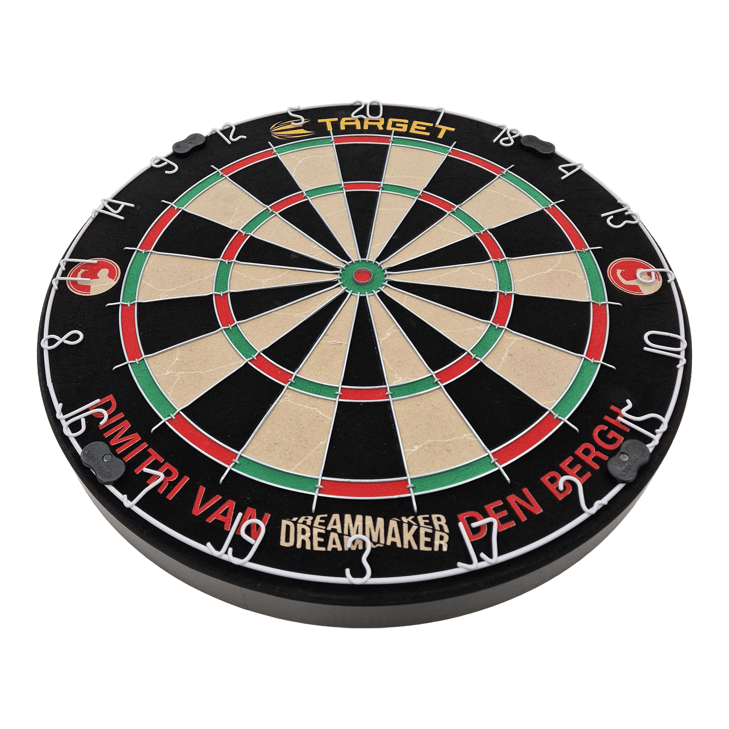 Target Dimitri Van Den Bergh steel dartboard set Das Bild zeigt eine Steeldart-Scheibe mit farbigen Feldern und Metallabtrennungen. Am Rand steht der Name "Dimitri Van Den Bergh" sowie der Schriftzug "Dreammaker".