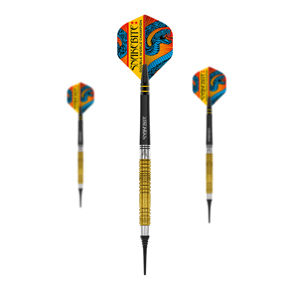 Das Bild zeigt drei Softdarts mit goldfarbenem Griff und auffälligen Flights im Drachen-Design. Auf den Flights steht „Snakebite Double World Champion“.