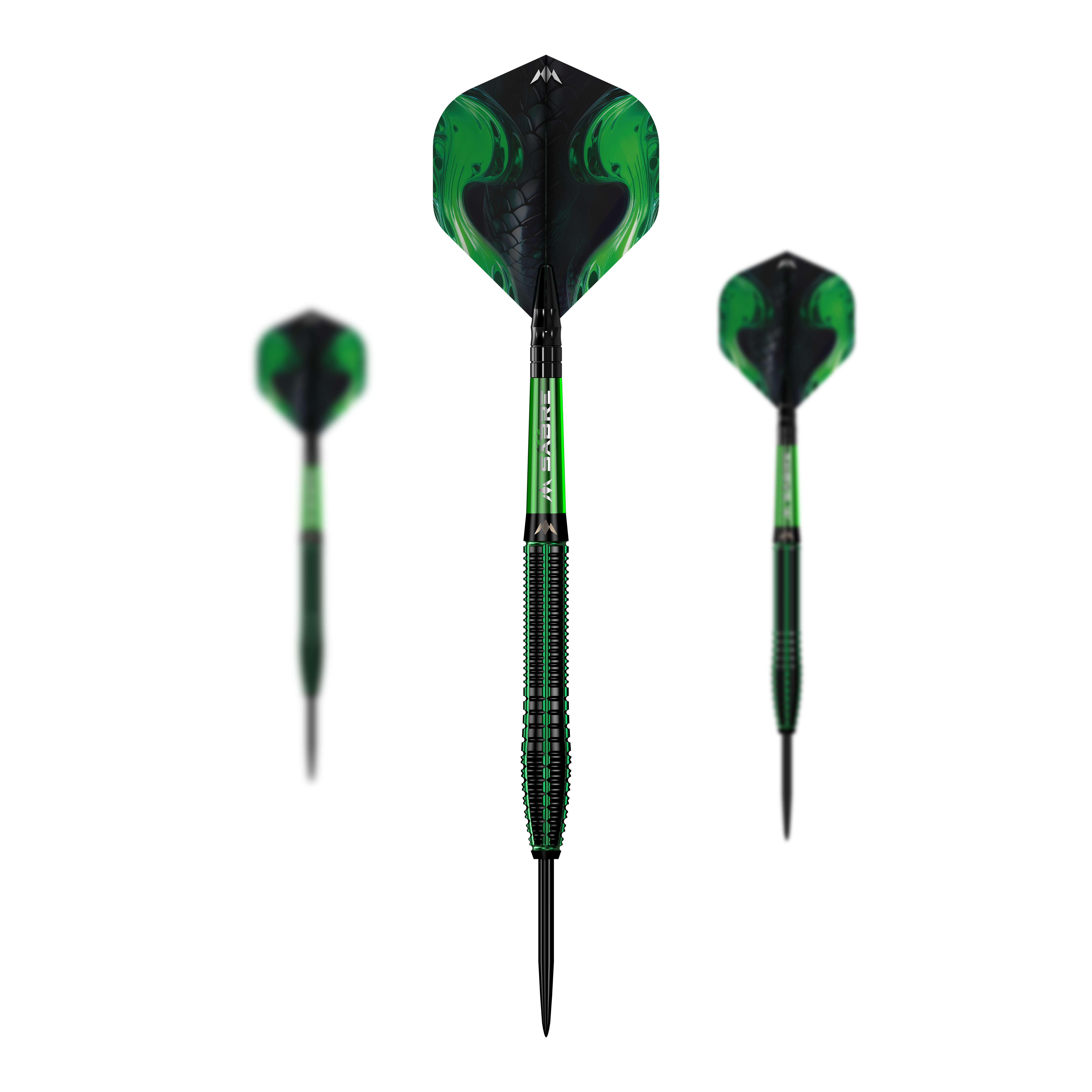 Mission Venom steel darts Das Bild zeigt drei Steeldarts des Produkts "Mission Venom". Die Darts sind in Schwarz und Grün gehalten und besitzen ein auffälliges, giftiges Design.