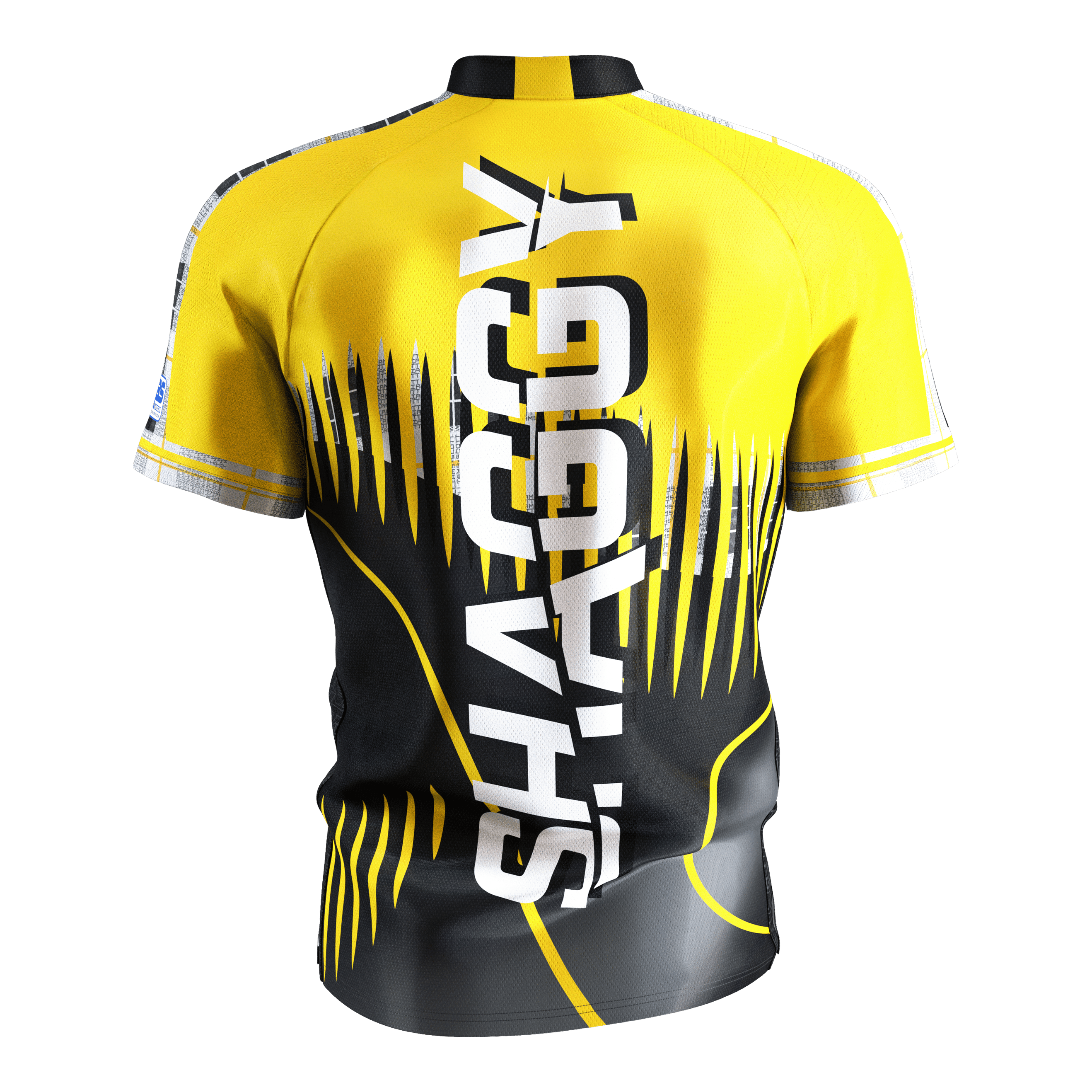 Target Coolplay Scott Williams 2025 dart shirt Das Bild zeigt ein gelb-schwarzes Dartshirt mit dem großen weißen Schriftzug "SHAGGY" auf der Rückseite. Das Shirt hat ein auffälliges, modernes Design mit dynamischen Linien und Mustern.