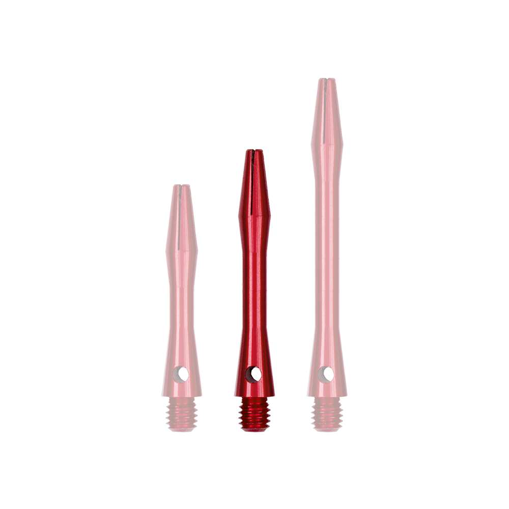 507_Aluminium_Shafts_Rot_35mm_1pOfGtsFVm4RpY Das Bild zeigt drei rote Aluminiumschäfte in unterschiedlichen Längen. Sie haben ein Gewinde an einem Ende und eine schmale Spitze am anderen Ende.
