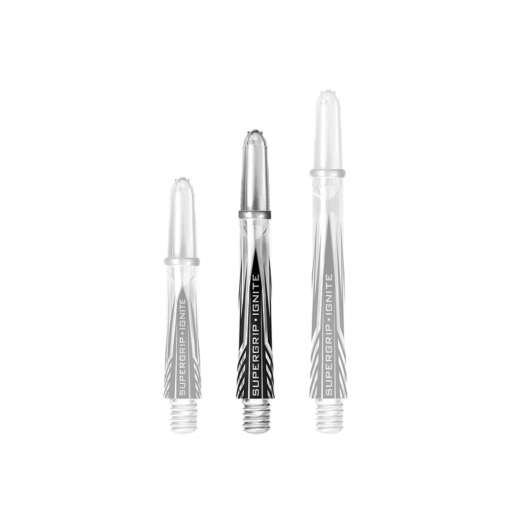 HR393_Harrows_Supergrip_Ignite_Shafts_Clear_40mm_1 Auf dem Bild sind drei klare Harrows Supergrip Ignite Shafts in verschiedenen Längen zu sehen. Die Shafts haben einen modernen schwarzen und weißen Aufdruck mit der Aufschrift "SUPERGRIP IGNITE".