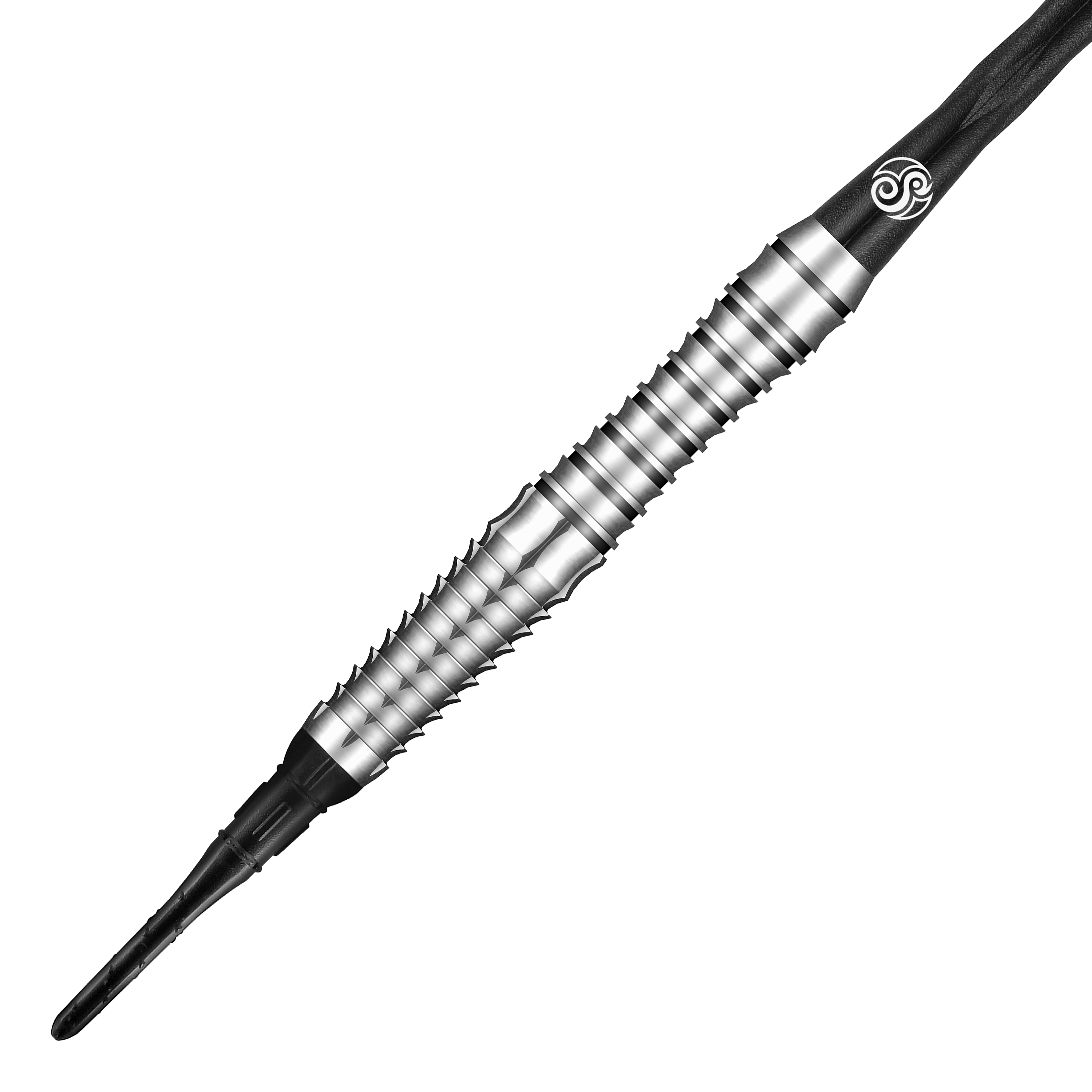 Das Bild zeigt einen Shot Tribal Weapon Toki Softdart. Der Dart ist silberfarben mit markanten Rillen und einem schwarzen Schaft.