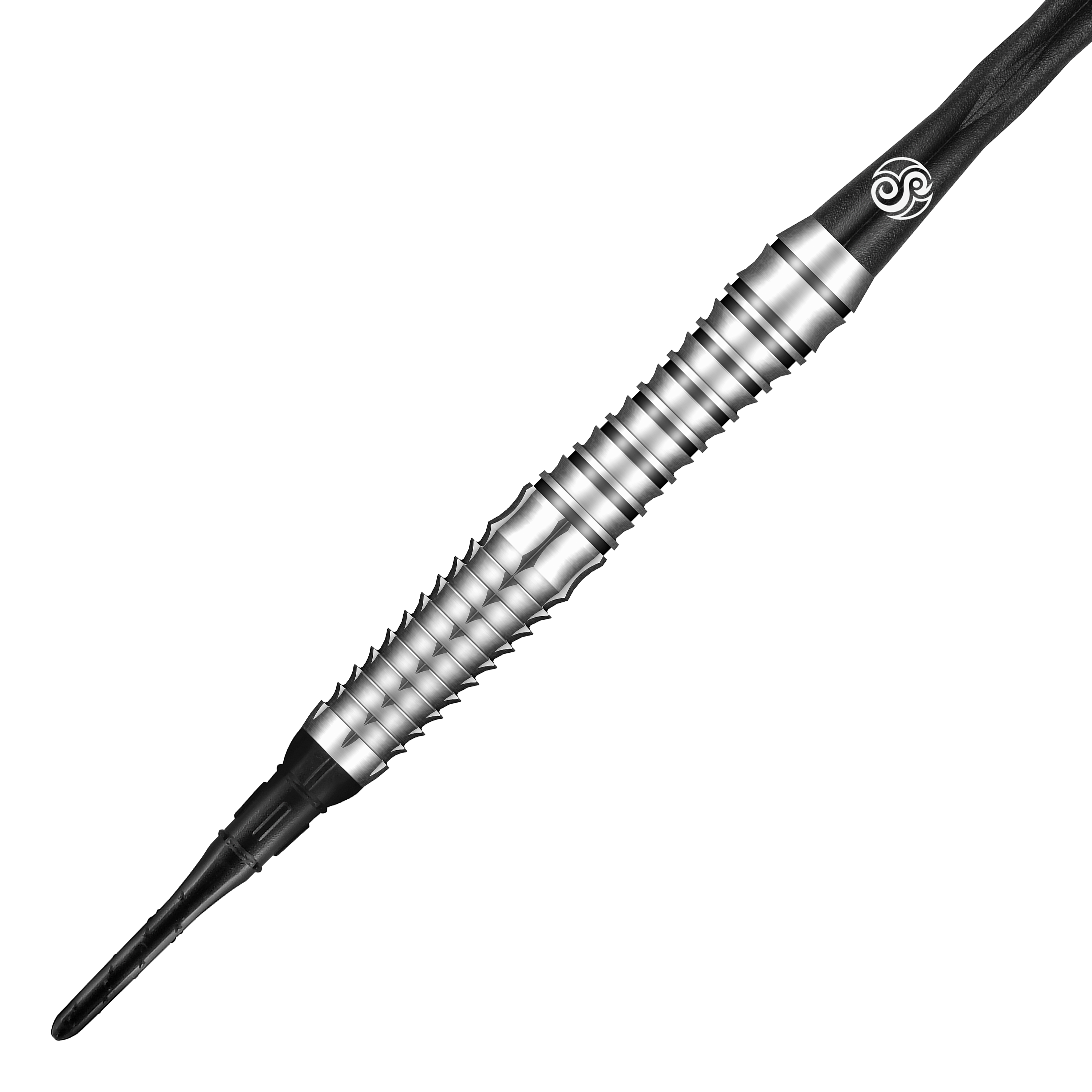 Shot Tribal Weapon Toki soft darts Das Bild zeigt einen Shot Tribal Weapon Toki Softdart. Der Dart ist silberfarben mit markanten Rillen und einem schwarzen Schaft.