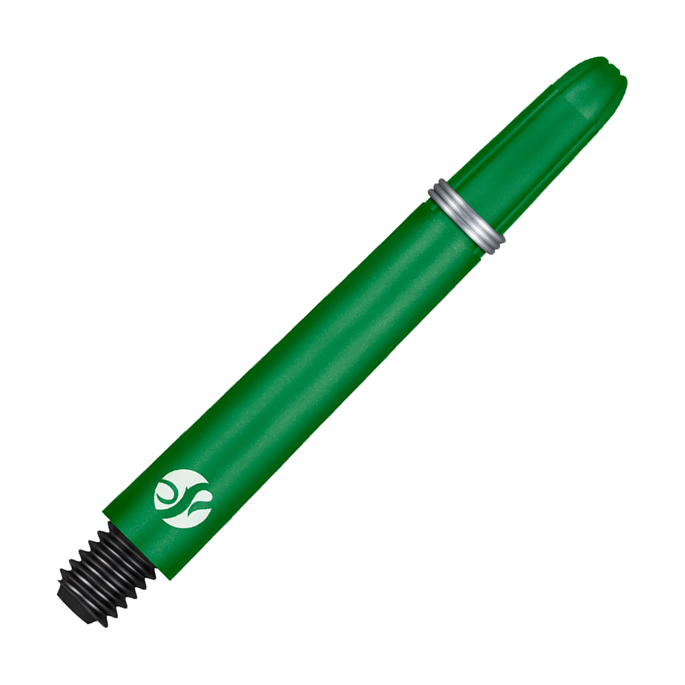 Shot Koi Carbon Shafts - Green Dies ist ein grüner Dart-Schaft mit einem Metallring und einem schwarzen Gewinde. Er hat ein weißes Logo am unteren Ende.