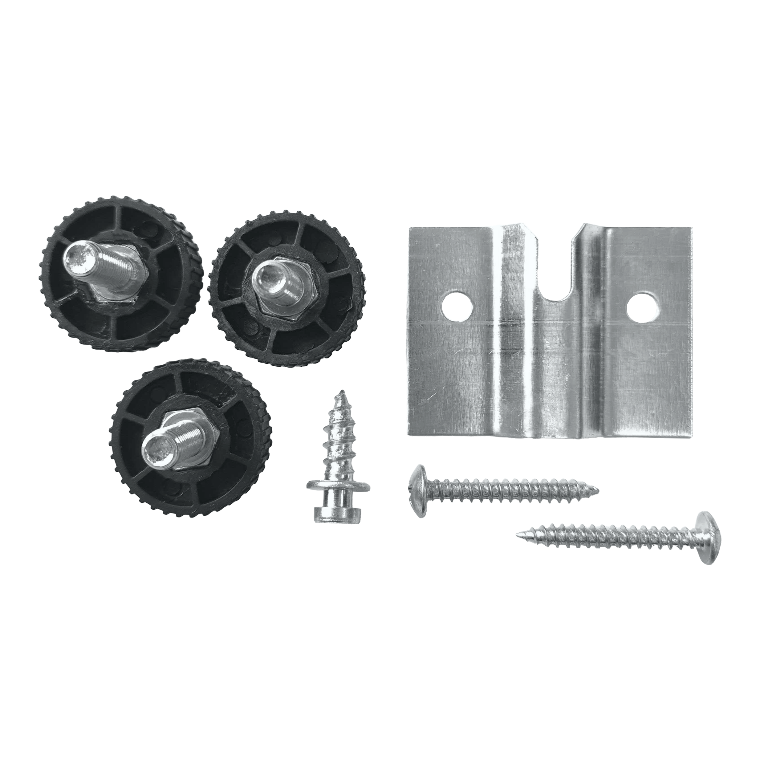 Winmau Rota-Lock Blade 6 wall mount Das Bild zeigt das Winmau Rota-Lock Blade 6 Wandhalterungs-Set mit drei schwarzen Einstellrädern, einer Metallhalterung und Schrauben. Diese Teile werden verwendet, um ein Dartboard sicher an der Wand zu befestigen.