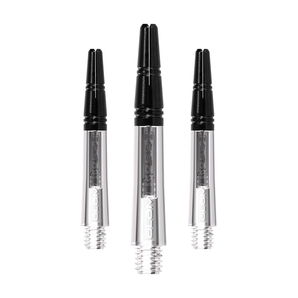Harrow's Alamo VS2 Shafts - Clear Das Bild zeigt drei klare Dartschäfte mit schwarzem oberen Teil. Die Schäfte sind nebeneinander angeordnet und haben ein Schraubgewinde am unteren Ende.