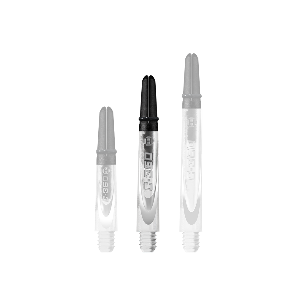 HR447_Harrows_Carbon_360_Shafts_Clear_42mm_1 Das Bild zeigt drei transparente Dartschäfte mit schwarzem oberen Teil in unterschiedlichen Längen. Auf jedem Schaft steht die Aufschrift "C.360".