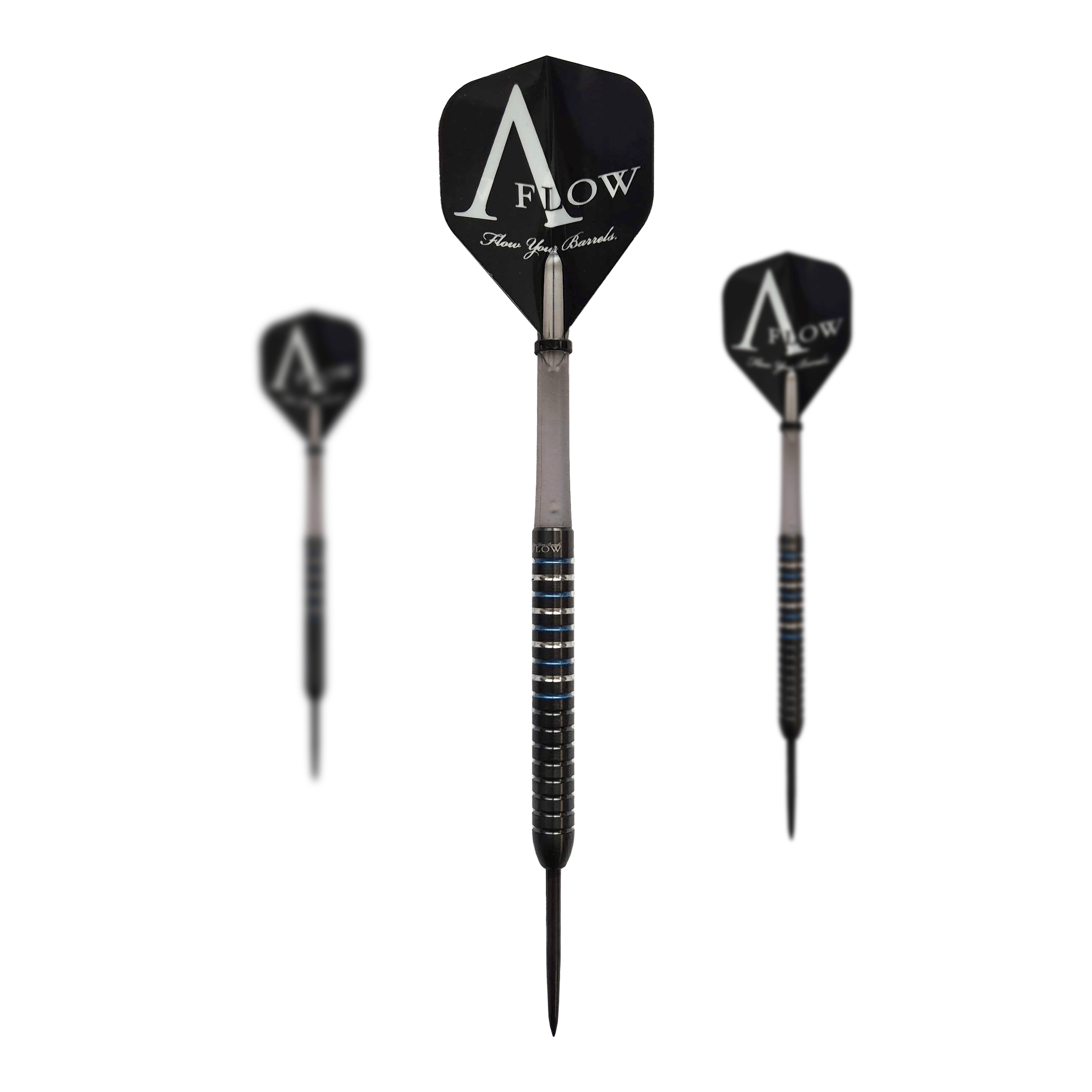 Das Bild zeigt drei Steeldarts der Marke "Dynasty Fallon Sherrock 4 S AFlow BK" mit schwarzem Design und auffälligen Ringen am Barrel. Auf der schwarzen Flight steht groß "AFLOW" geschrieben.