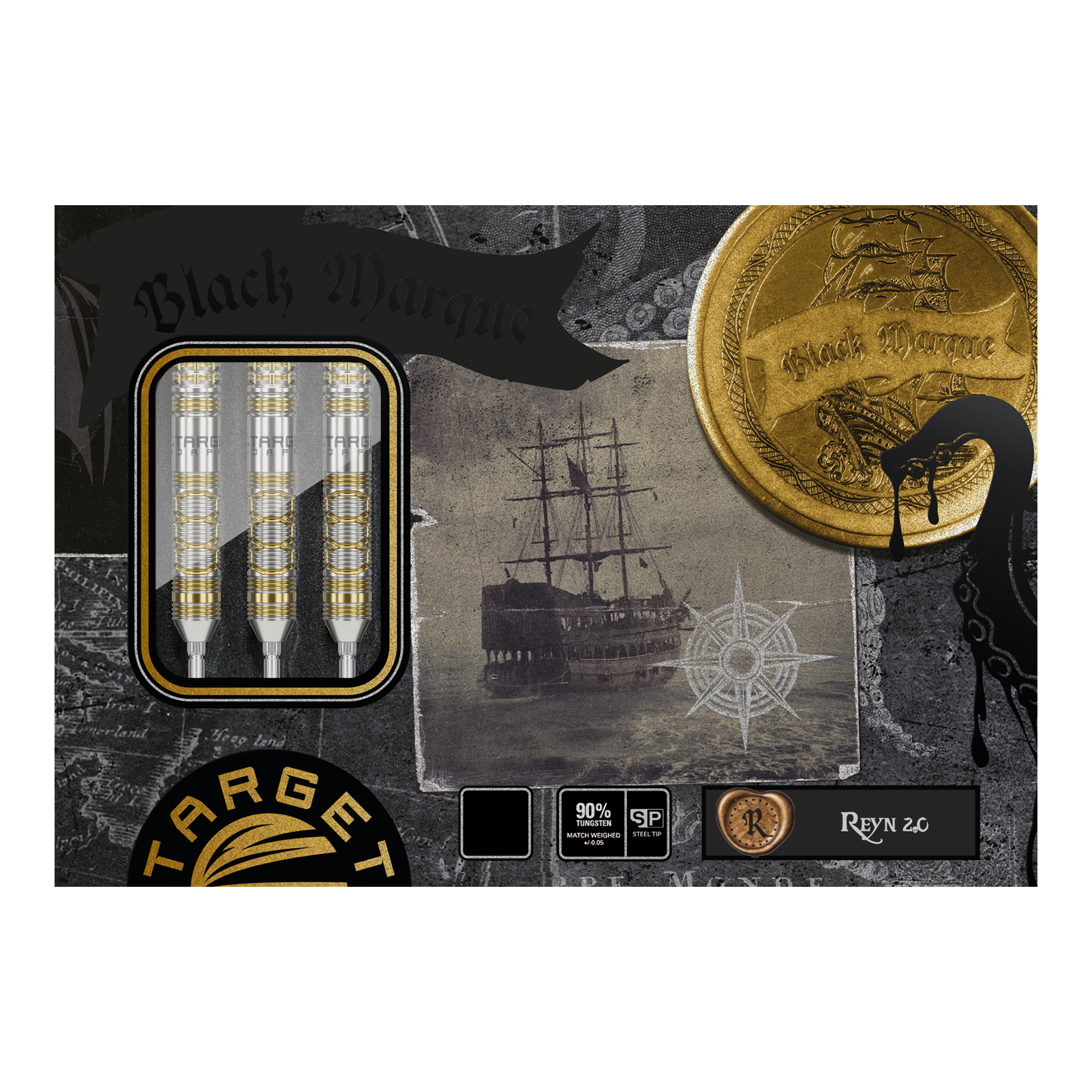 Target Japan Black Marque Reyn GEN2 steel darts Die Abbildung zeigt die "Target Japan Black Marque Reyn GEN2 Steeldarts" in einer ansprechend gestalteten Verpackung. Auf der Verpackung sind drei Darts, ein Segelschiff und goldene Münzen abgebildet.