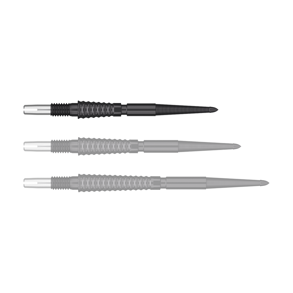 Target Swiss Storm LNC dart tips - Black Das Bild zeigt drei schwarze Dartspitzen, die nebeneinander liegen. Jede Spitze hat einen silbernen Schaft und eine geriffelte Griffzone.