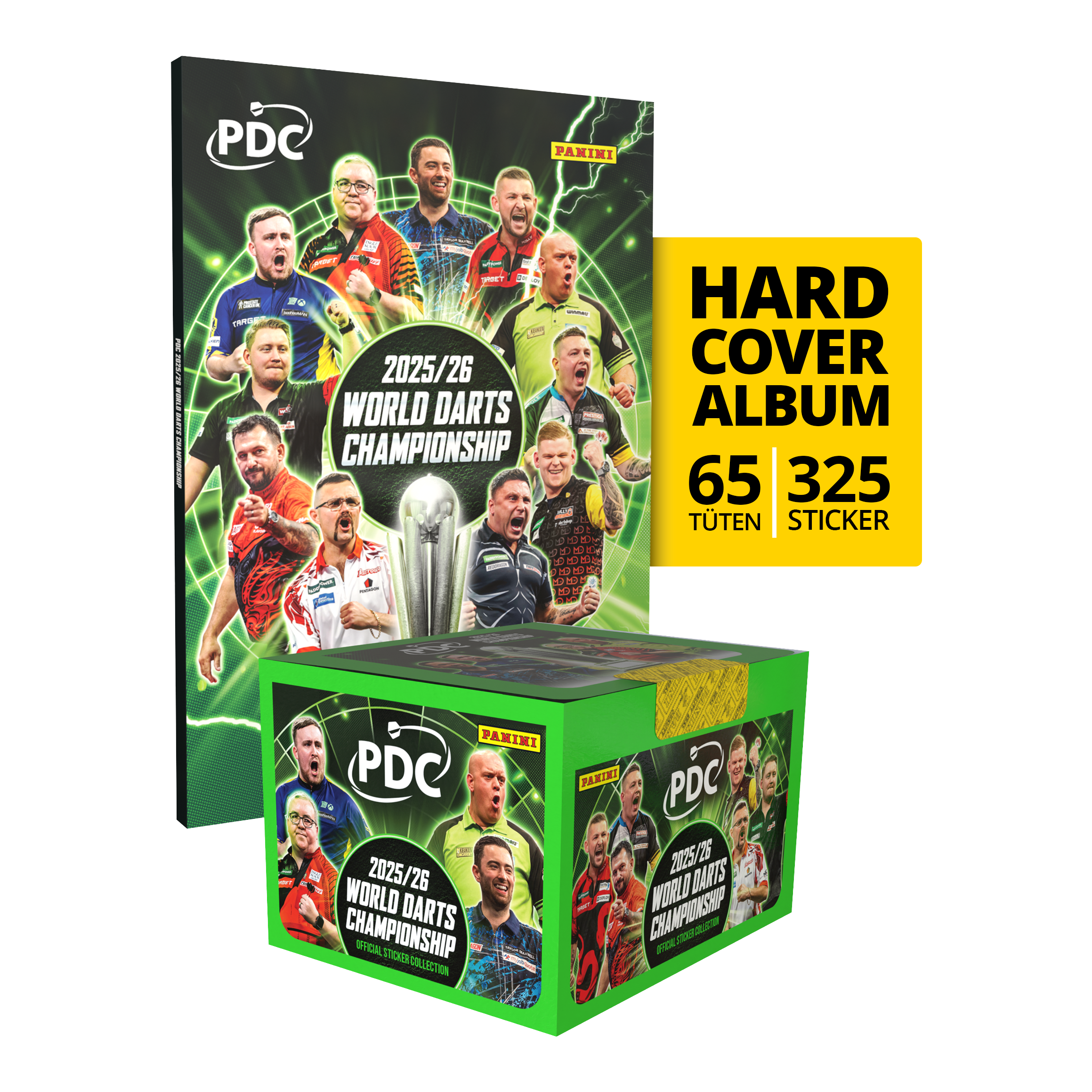 Auf diesem Bild ist das Panini PDC World Darts Championship 2025/26 Hardcover Bundle mit einer Stickerbox zu sehen. Das Bundle enthält ein Hardcover-Sammelalbum und eine Box mit Stickern.