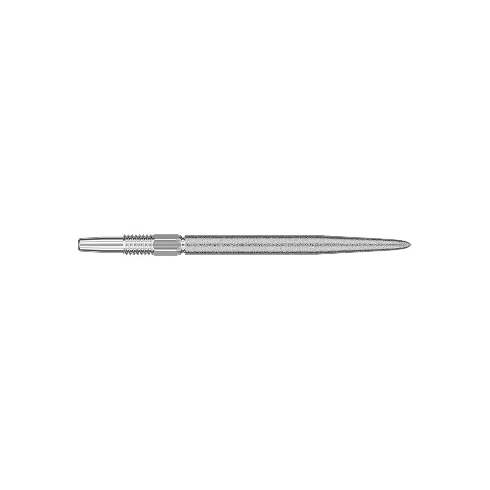 Target Swiss Point SLK dart tips - silver Das Bild zeigt eine silberne Dartspitze mit feinen Rillen und einem glatten Schaft. Sie ist lang und schmal gestaltet, typisch für Präzisionsdarts.