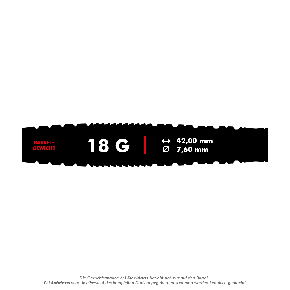 Target Japan Black Marque Phantom Soft Darts - 18g Das Bild zeigt die Produktspezifikationen der Target Japan Black Marque Phantom Softdarts mit einem Gewicht von 18 Gramm. Der Barrel ist 42,00 mm lang und hat einen Durchmesser von 7,60 mm.