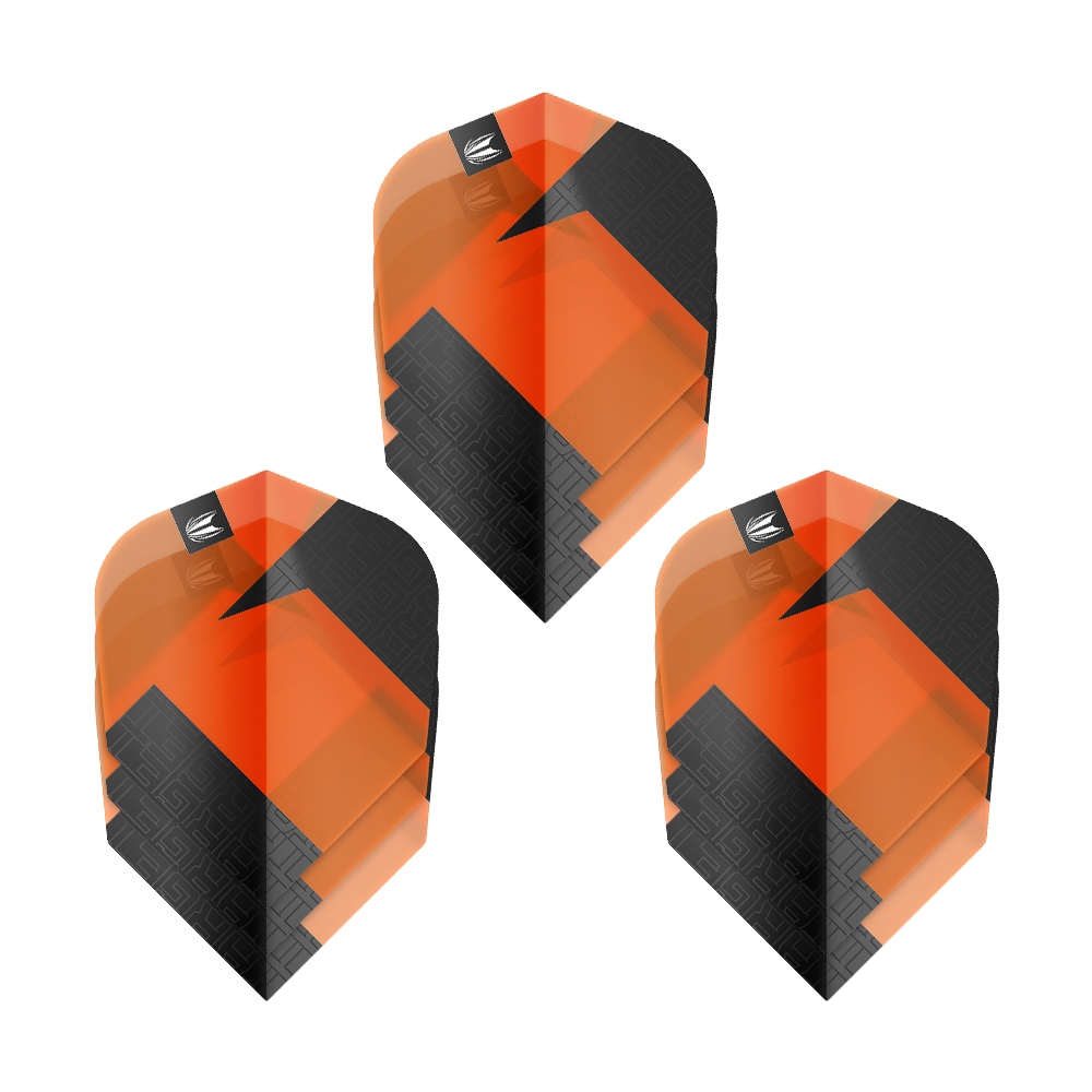 Target Pro Ultra TAG Orange No6 Standard Flights - 3 Sets Das Bild zeigt drei Sätze Target Pro Ultra TAG Orange No6 Standard Flights. Die Flights sind orange und schwarz mit einem modernen, geometrischen Design.