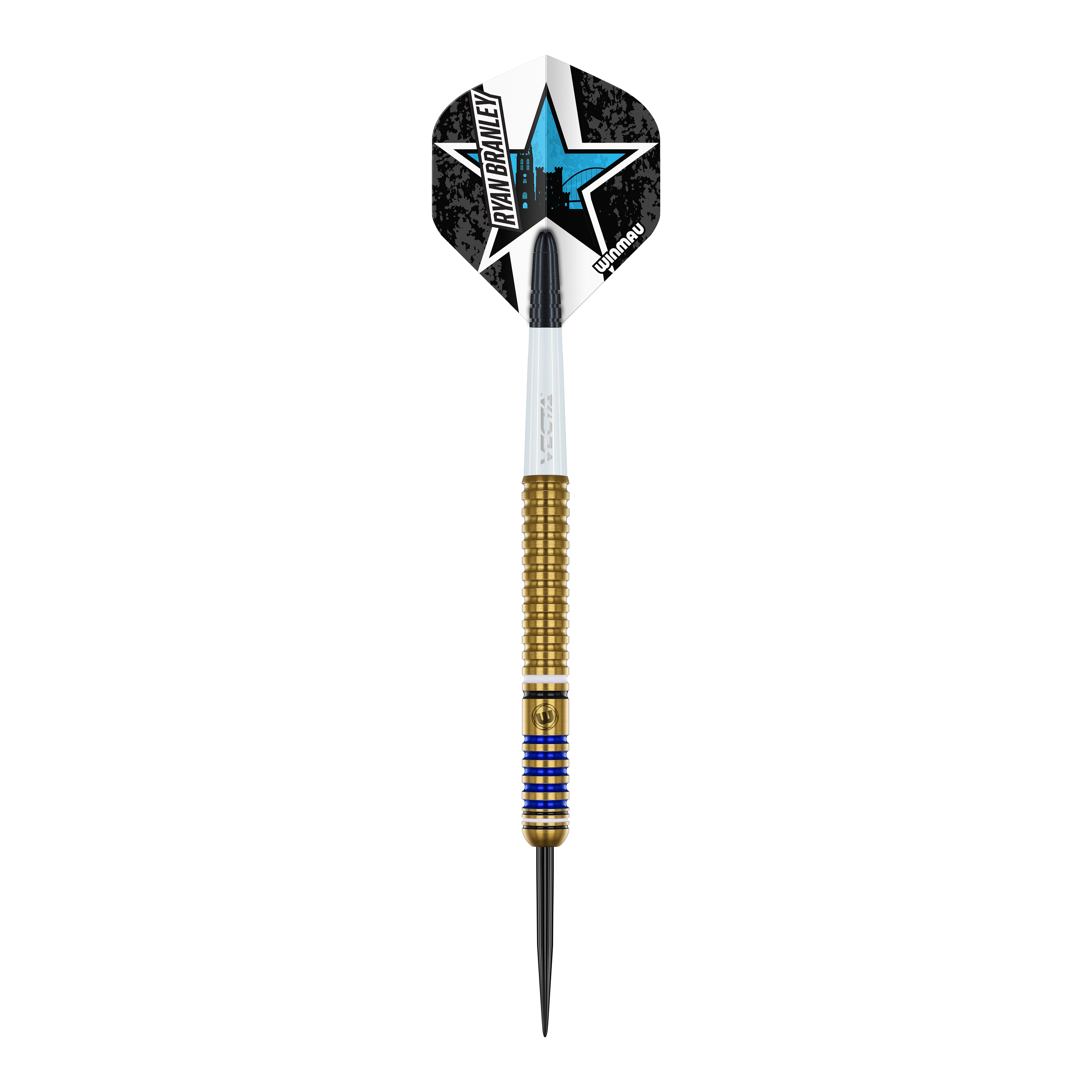 Das Bild zeigt einen Winmau Ryan Branley Steeldart mit einem Gewicht von 23 Gramm. Der Dart hat ein goldfarbenes Griffstück und eine auffällige schwarze und weiße Flights mit einem blauen Sternmotiv.