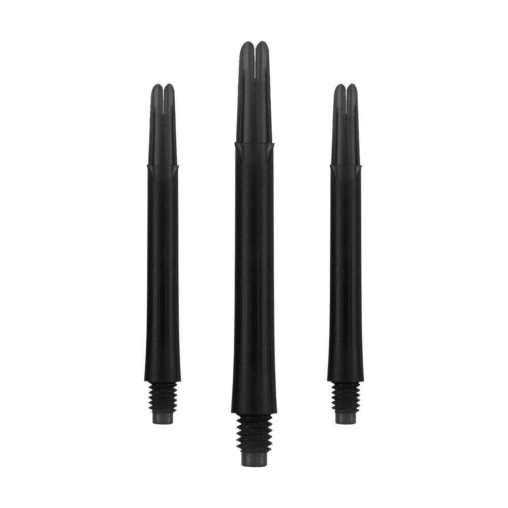 L-L-Style-Shafts Locked Straight - Black Auf dem Bild sind drei schwarze Dartschäfte in gerader Form zu sehen. Sie stehen aufrecht nebeneinander und haben am unteren Ende ein Gewinde.