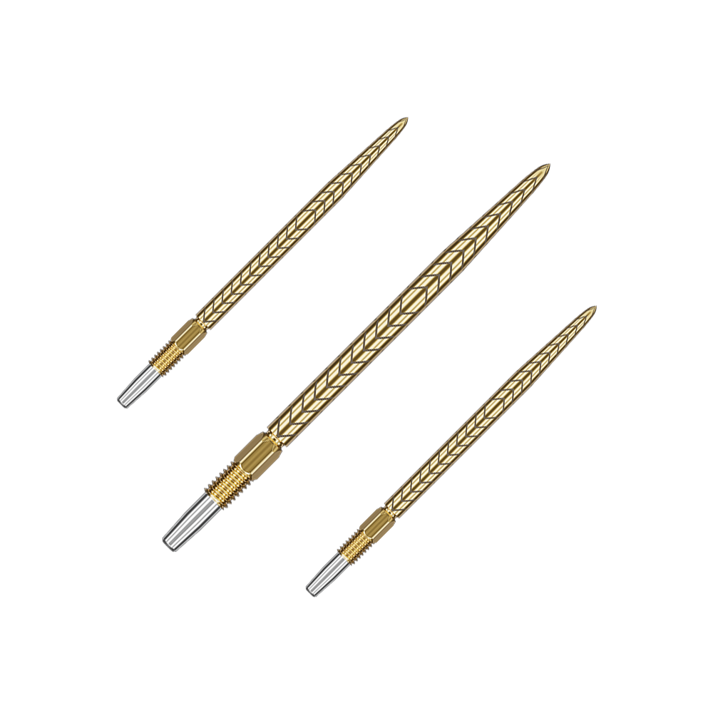 Target Swiss Point RVE dart tips - Gold Das Bild zeigt drei goldene Dartspitzen mit einem strukturierten Muster. Sie sind länglich geformt und haben am Ende eine silberne Befestigung.