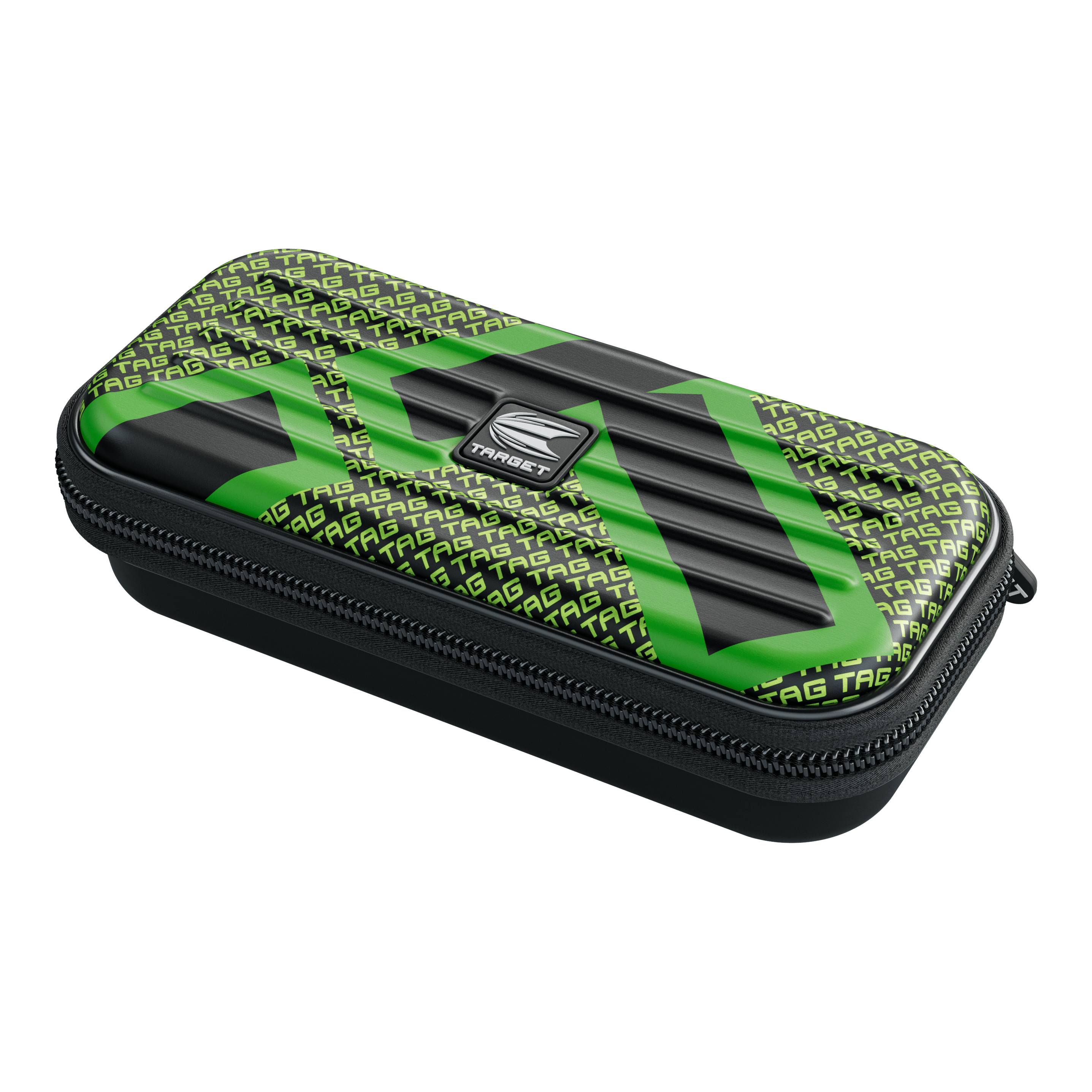 Das Bild zeigt ein rechteckiges Etui mit Reißverschluss, das vorwiegend schwarz und grün ist. Auf dem Etui steht mehrfach das Wort "TAG" und in der Mitte befindet sich ein silbernes "TARGET"-Logo.