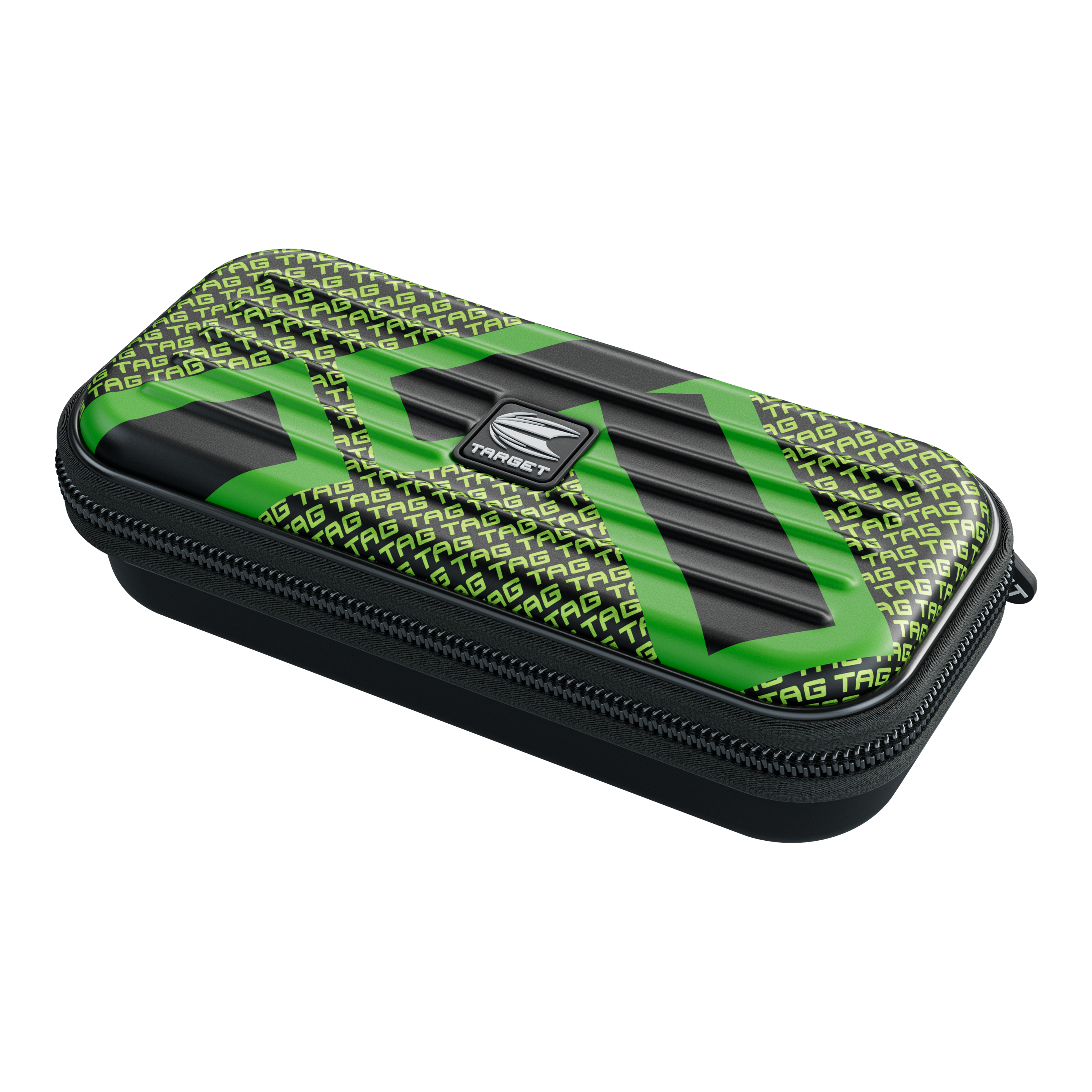 Target Takoma TAG Dartcase Das Bild zeigt ein rechteckiges Etui mit Reißverschluss, das vorwiegend schwarz und grün ist. Auf dem Etui steht mehrfach das Wort "TAG" und in der Mitte befindet sich ein silbernes "TARGET"-Logo.