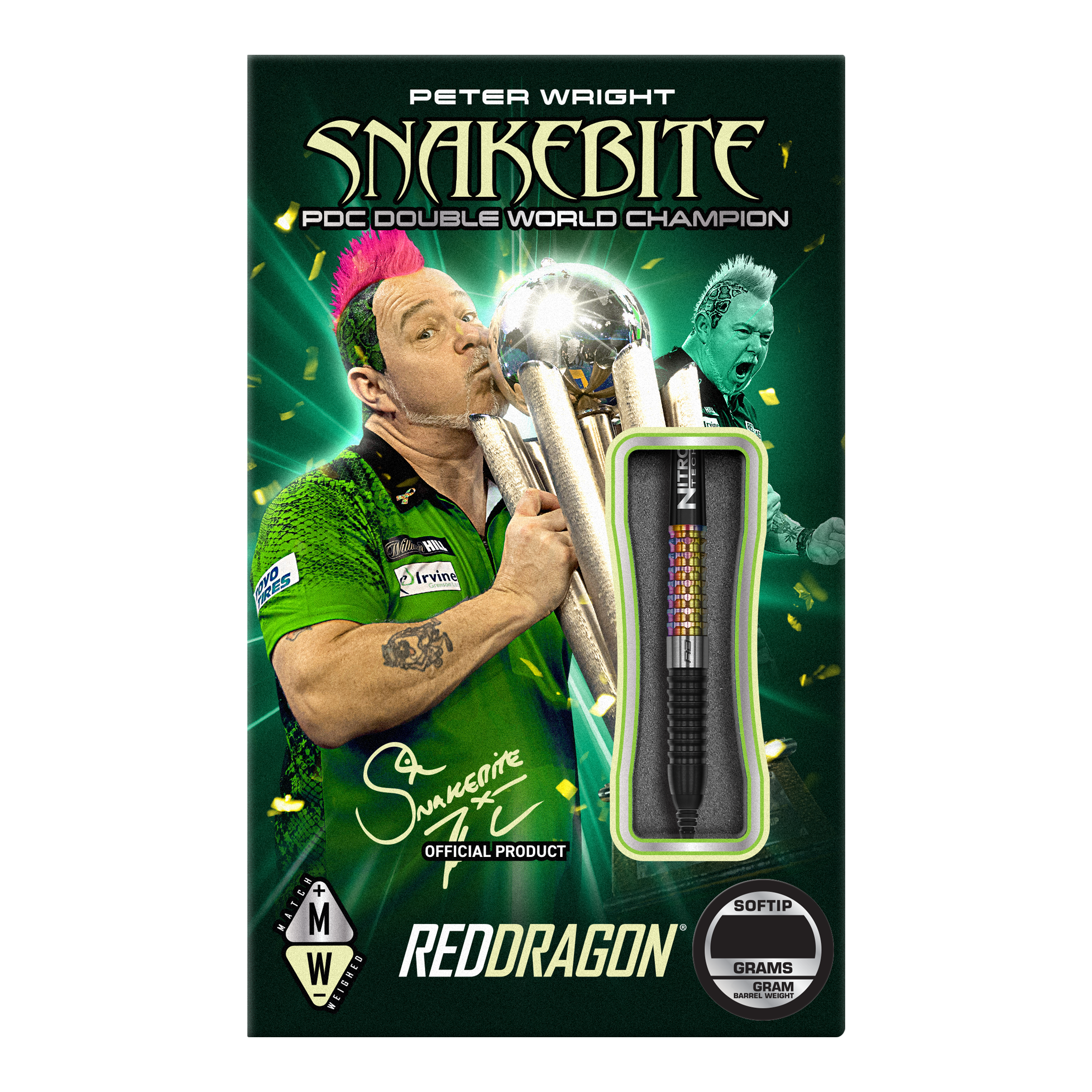 Red Dragon Peter Wright Corra Soft Darts - 18g Auf der Verpackung ist der Dartspieler Peter Wright mit einer Trophäe abgebildet. Das Produkt sind die "Red Dragon Peter Wright Corra Softdarts - 18g" mit Softspitze.