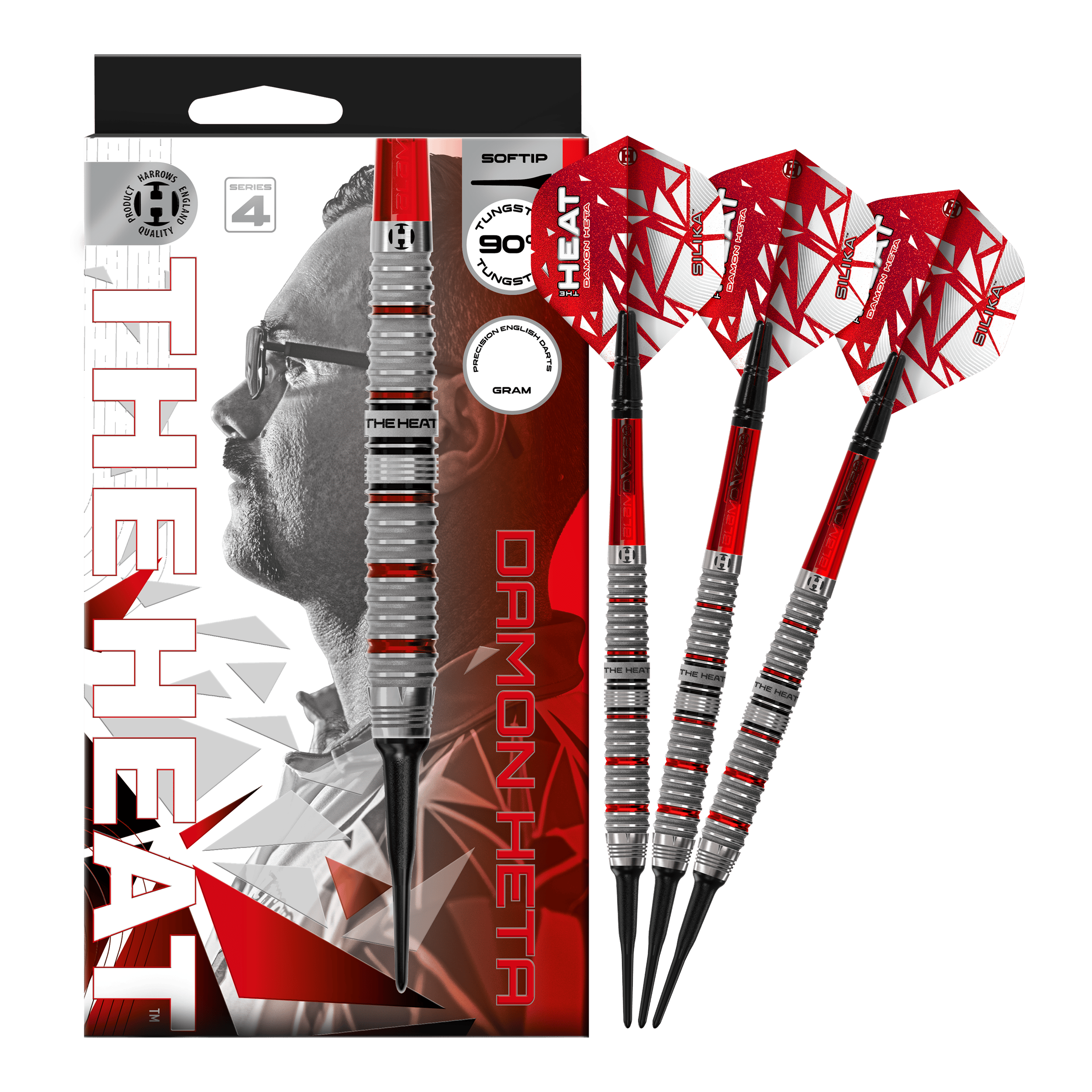 Hier ist das Produkt Harrows Damon Heta Series 4 Softdarts zu sehen. Die Darts zeichnen sich durch ihre hochwertige Verarbeitung aus.