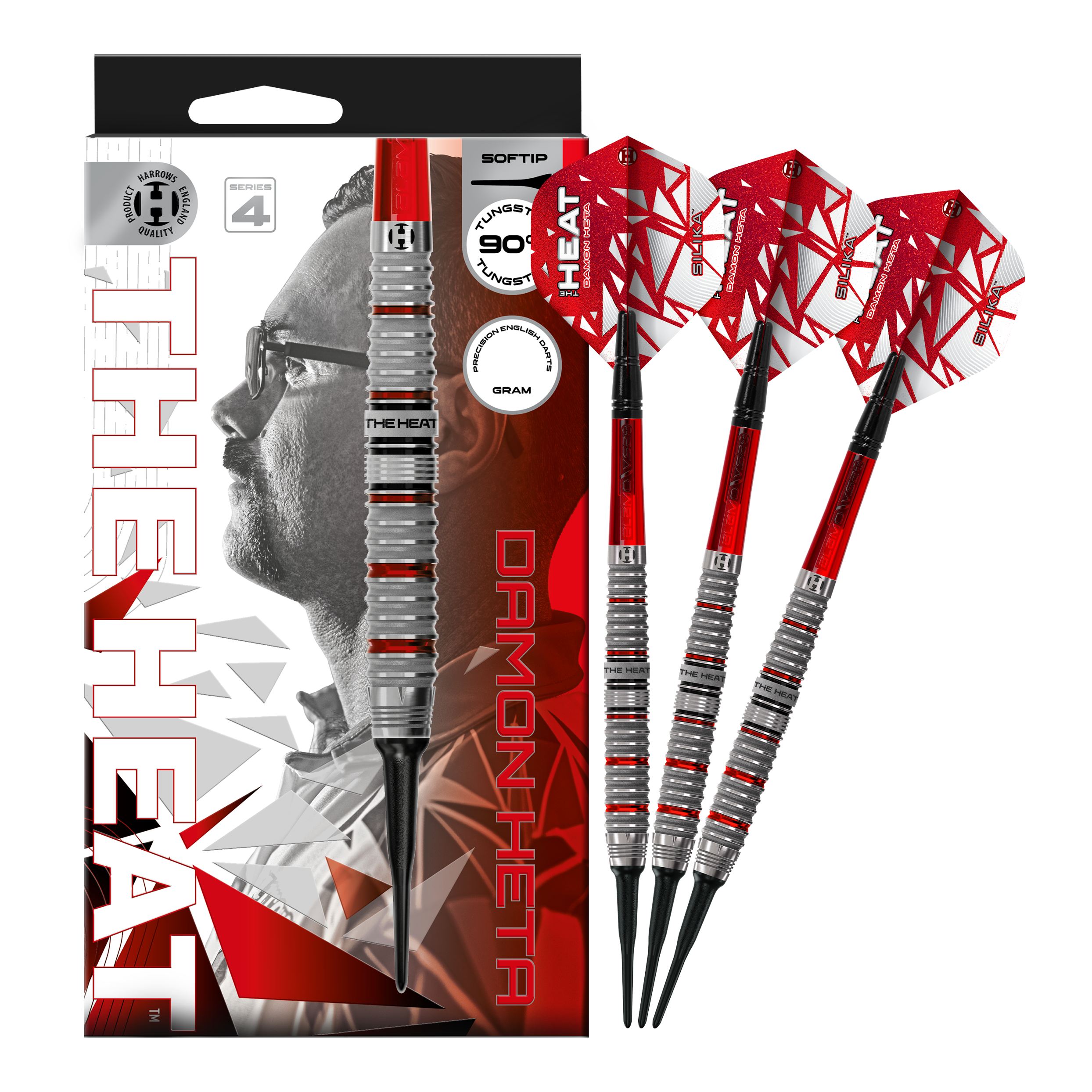 Harrow's Damon Heta Series 4 soft darts Hier ist das Produkt Harrows Damon Heta Series 4 Softdarts zu sehen. Die Darts zeichnen sich durch ihre hochwertige Verarbeitung aus.