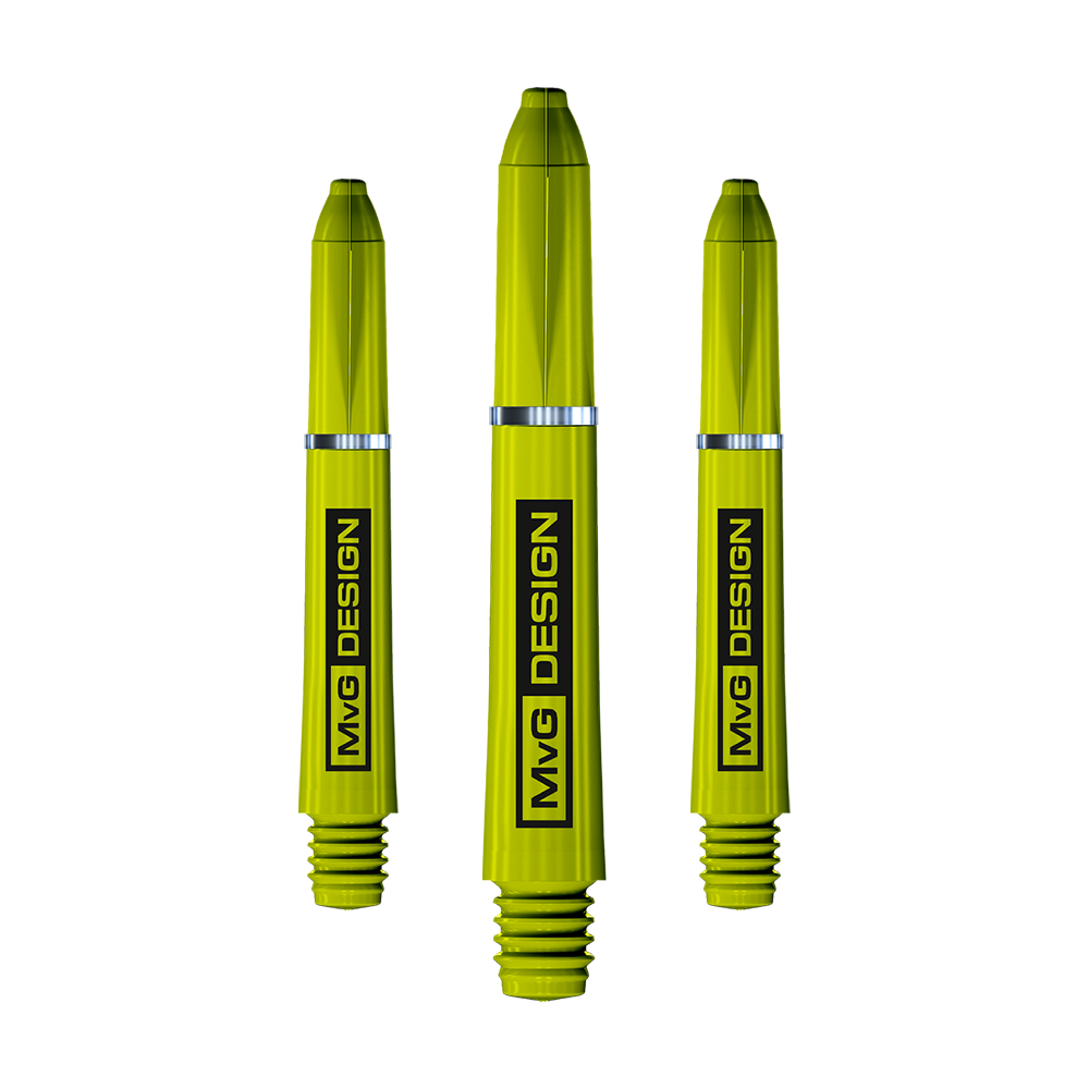 7100_Winmau_Nylon_Ring_Grip_MvG_Design_Shafts_35mm_1 Das Bild zeigt drei Winmau Nylon Ring Grip MvG Design Shafts in leuchtendem Gelb. Auf jedem Schaft steht deutlich „MvG DESIGN“ geschrieben.