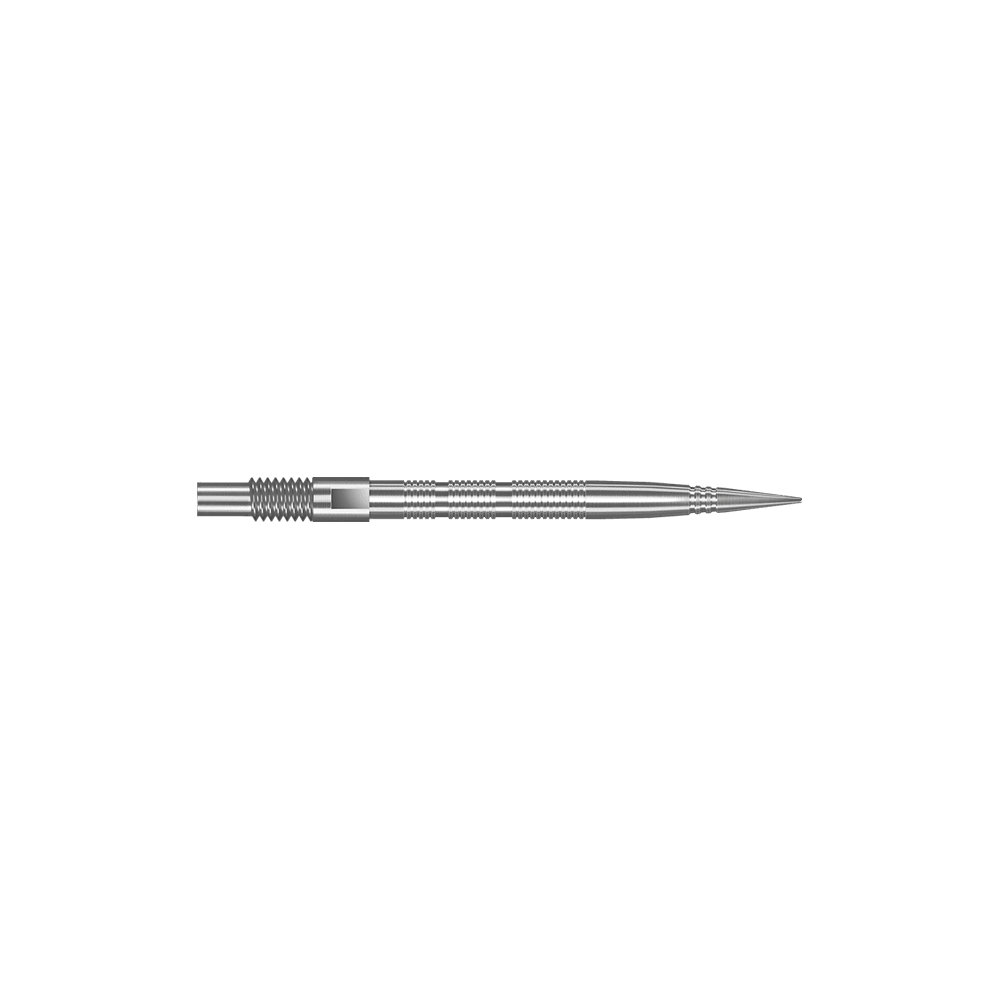 Harrows Quick Point Micro Ridge Dart Tips - Silver Das Bild zeigt Dartspitzen mit MicroRidge Struktur in Silber mit einer Länge von 26 mm. Die Dartspitzen sind nebeneinander angeordnet.