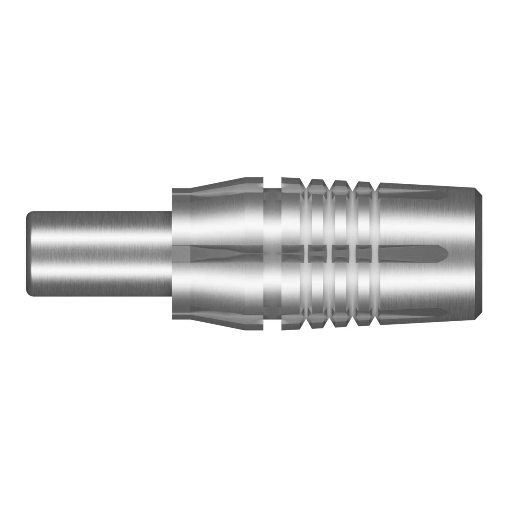 Shot Threadhead Point Adapter Zwei silberne Adapter für Dartspitzen werden dargestellt. Die Adapter sind metallisch glänzend.