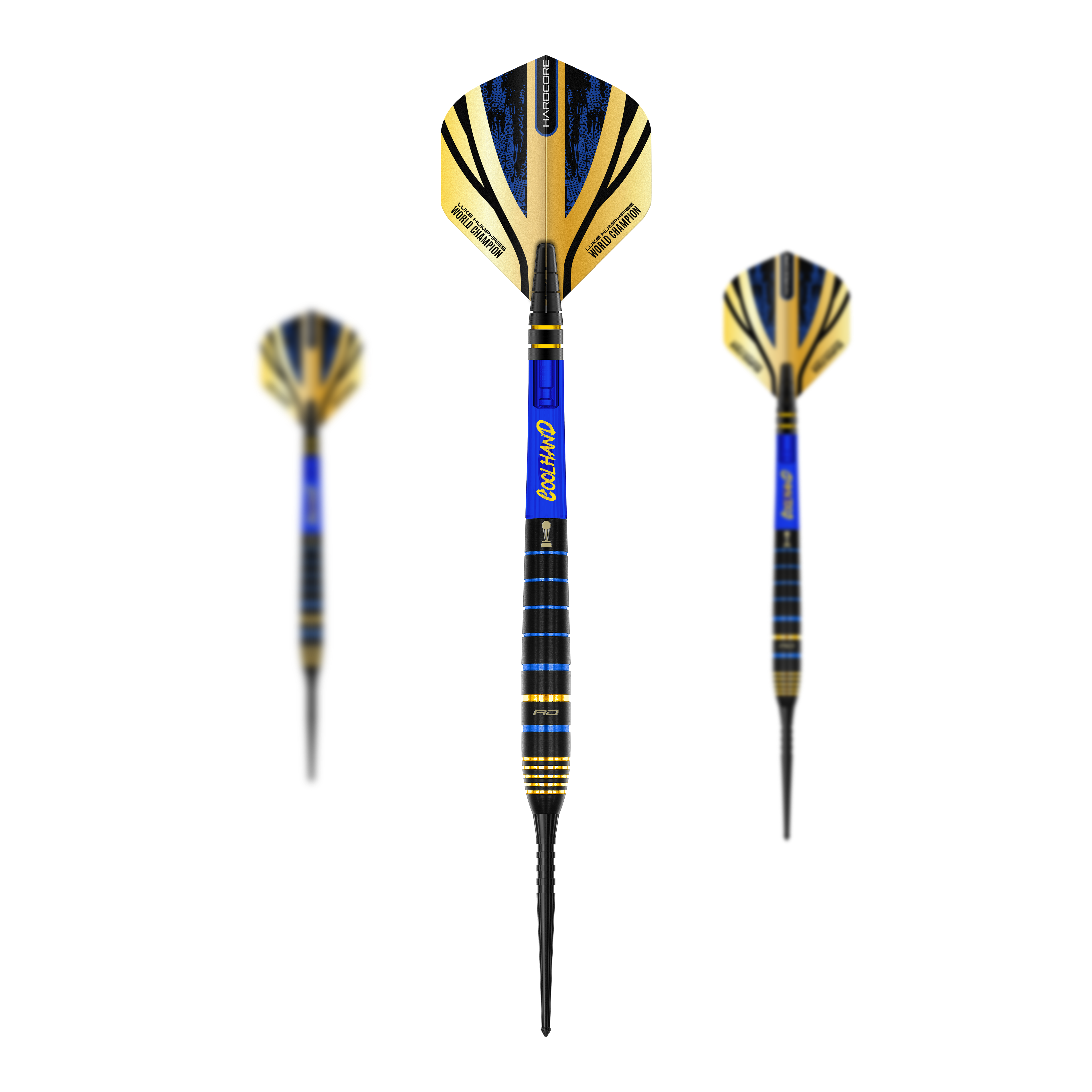 Red Dragon Luke Humphries TX4 Avenger steel darts Das Bild zeigt drei Steeldarts des Modells "Red Dragon Luke Humphries TX4 Avenger". Die Darts haben ein auffälliges Design in Blau, Schwarz und Gold.