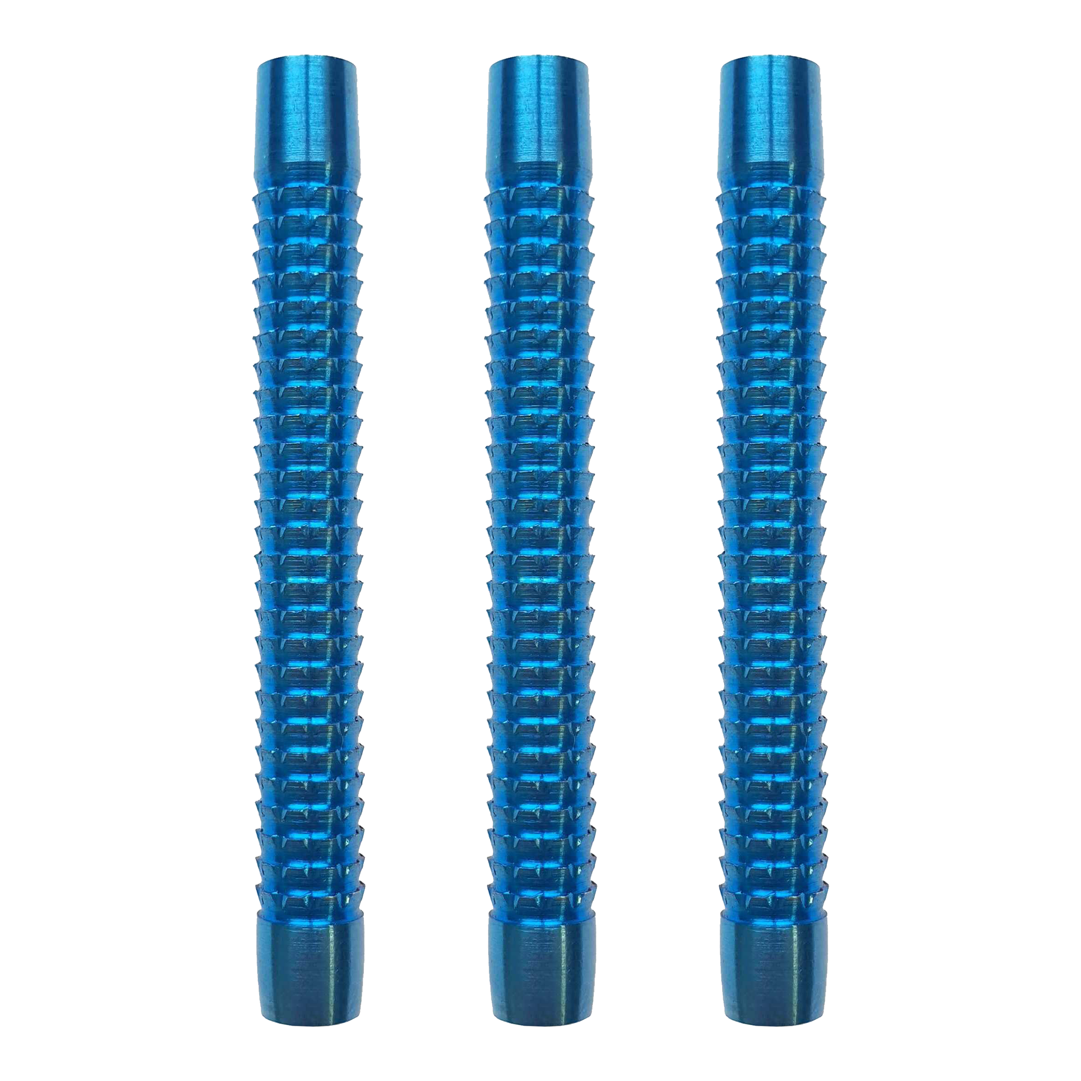 McDart Blue Sky soft dart barrels Das Bild zeigt drei blaue Softdart-Barrels der Marke McDart Blue Sky. Sie sind nebeneinander angeordnet und haben eine gerillte Oberfläche.