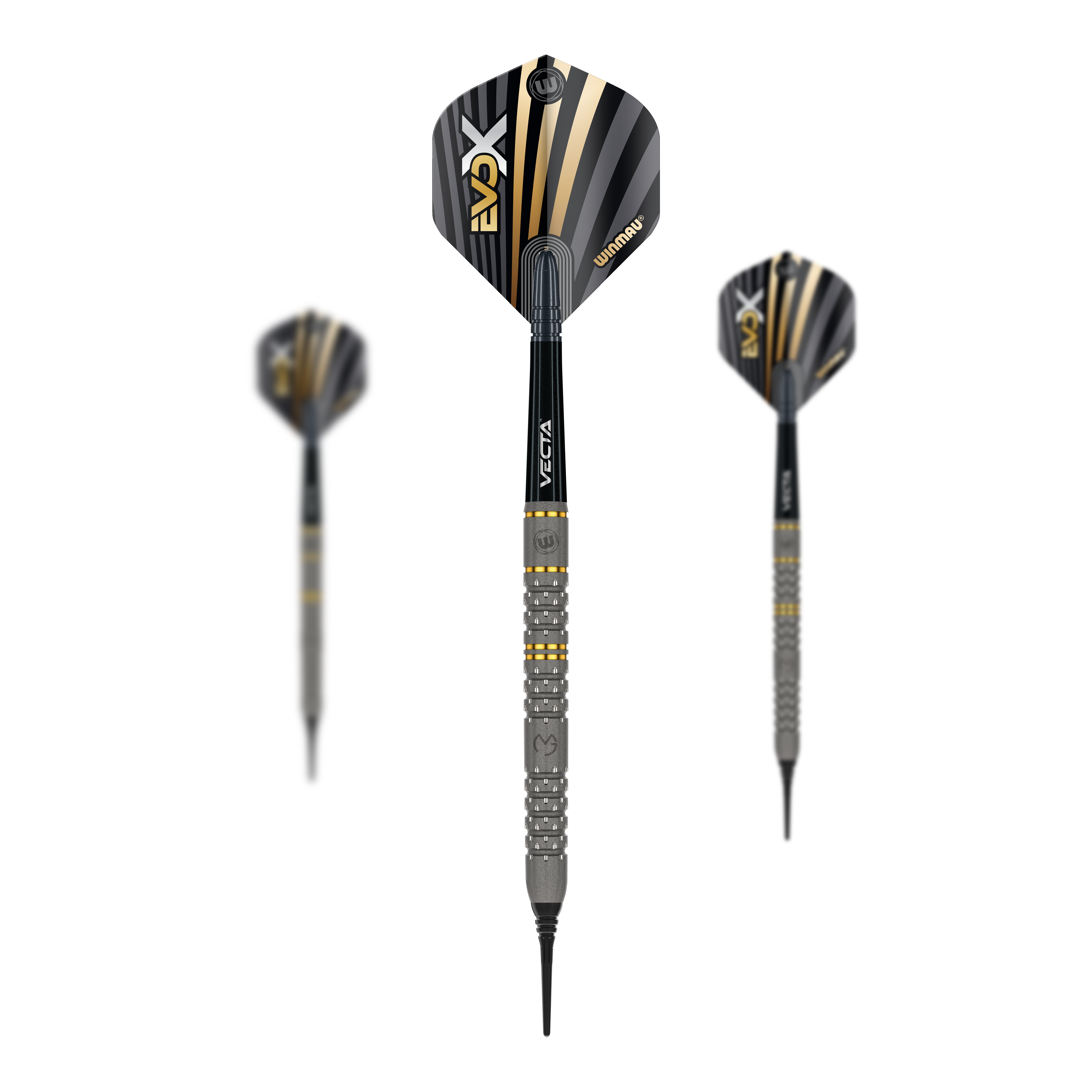 Das Bild zeigt drei Winmau Michael Van Gerwen Evo-X Softdarts mit einem Gewicht von 20g. Die Darts haben ein modernes Design mit schwarzen, goldenen und silbernen Akzenten.