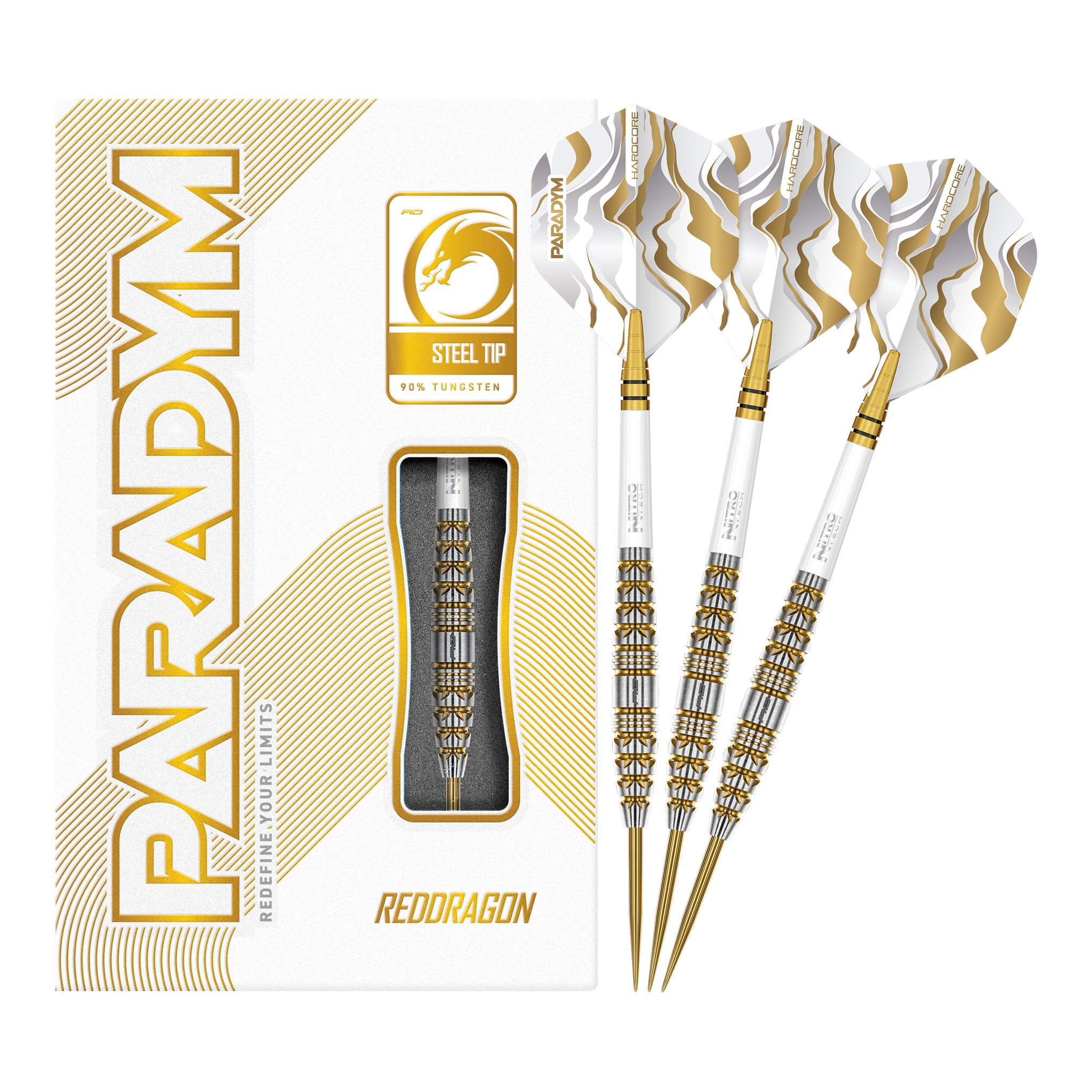Red Dragon Paradym Gold Torpedo Steel Darts Das Bild zeigt die Red Dragon Paradym Gold Torpedo Steeldarts in vollständiger Ansicht. Es sind elegante Steeldarts mit goldener Oberfläche.
