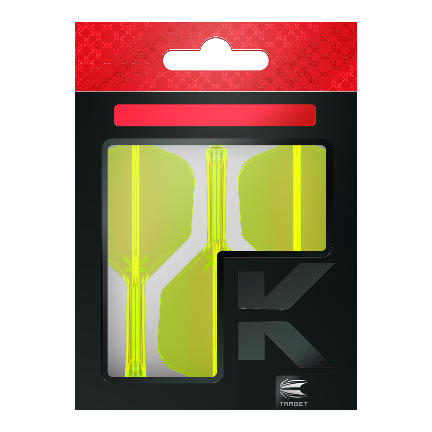 Target K-Flex No6 Flight System - Neon Yellow Die Abbildung zeigt eine Verpackung mit neon-gelben Dartflights. Die Verpackung ist überwiegend schwarz mit einem roten Bereich oben und dem Logo „TARGET“ unten rechts.