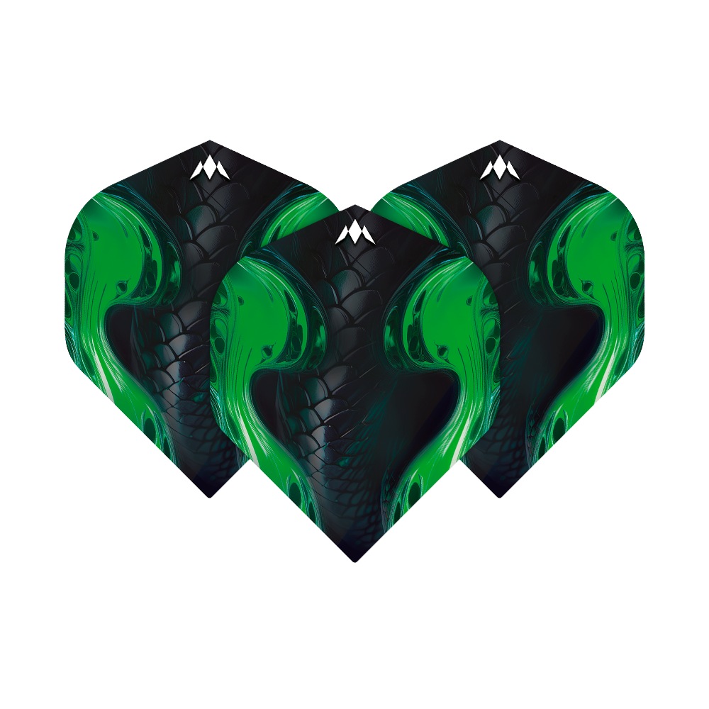 Mission Solo Venom No2 Standard Flights Auf dem Bild sind drei Mission Solo Venom No2 Standard Flights zu sehen. Sie haben ein schwarzes Design mit auffälligen grünen Schlangenmuster-Elementen.