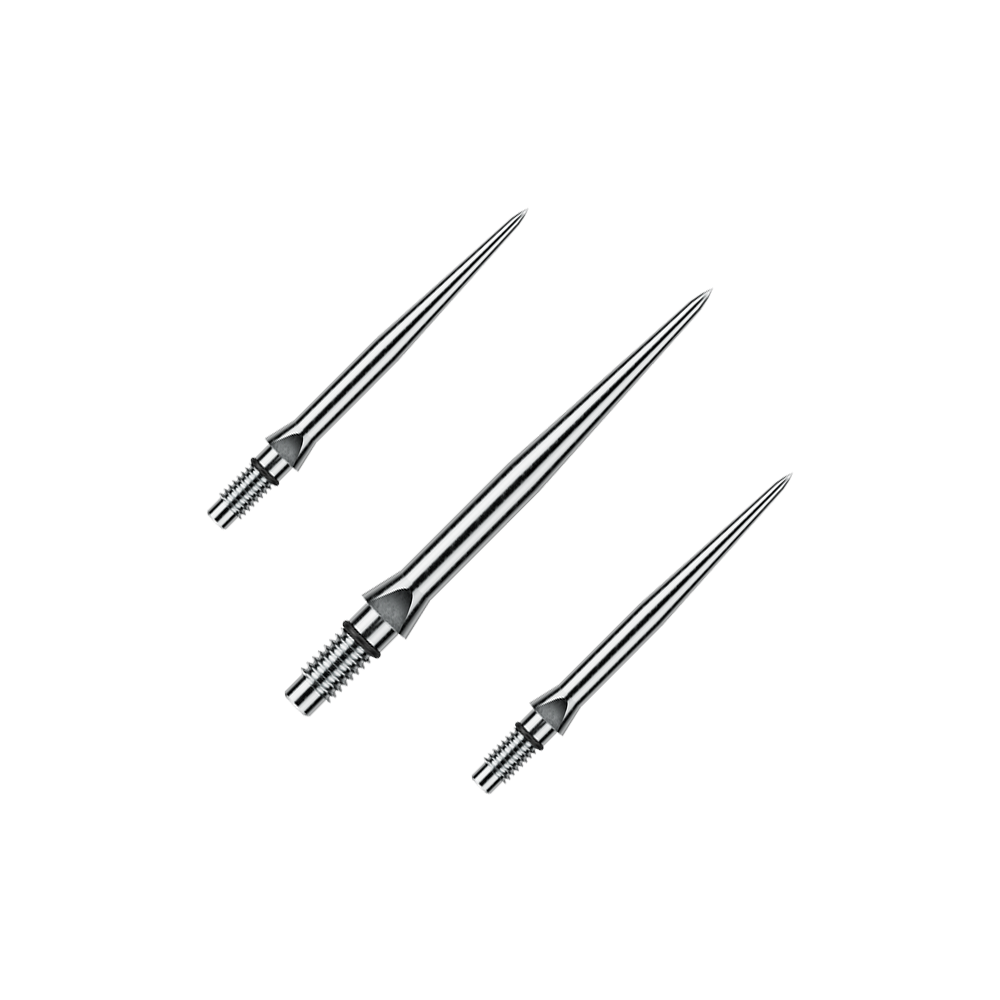 Abgebildet ist ein Set von glatten silbernen Steeldartspitzen. Diese Spitzen sind vermutlich 26 mm lang.
