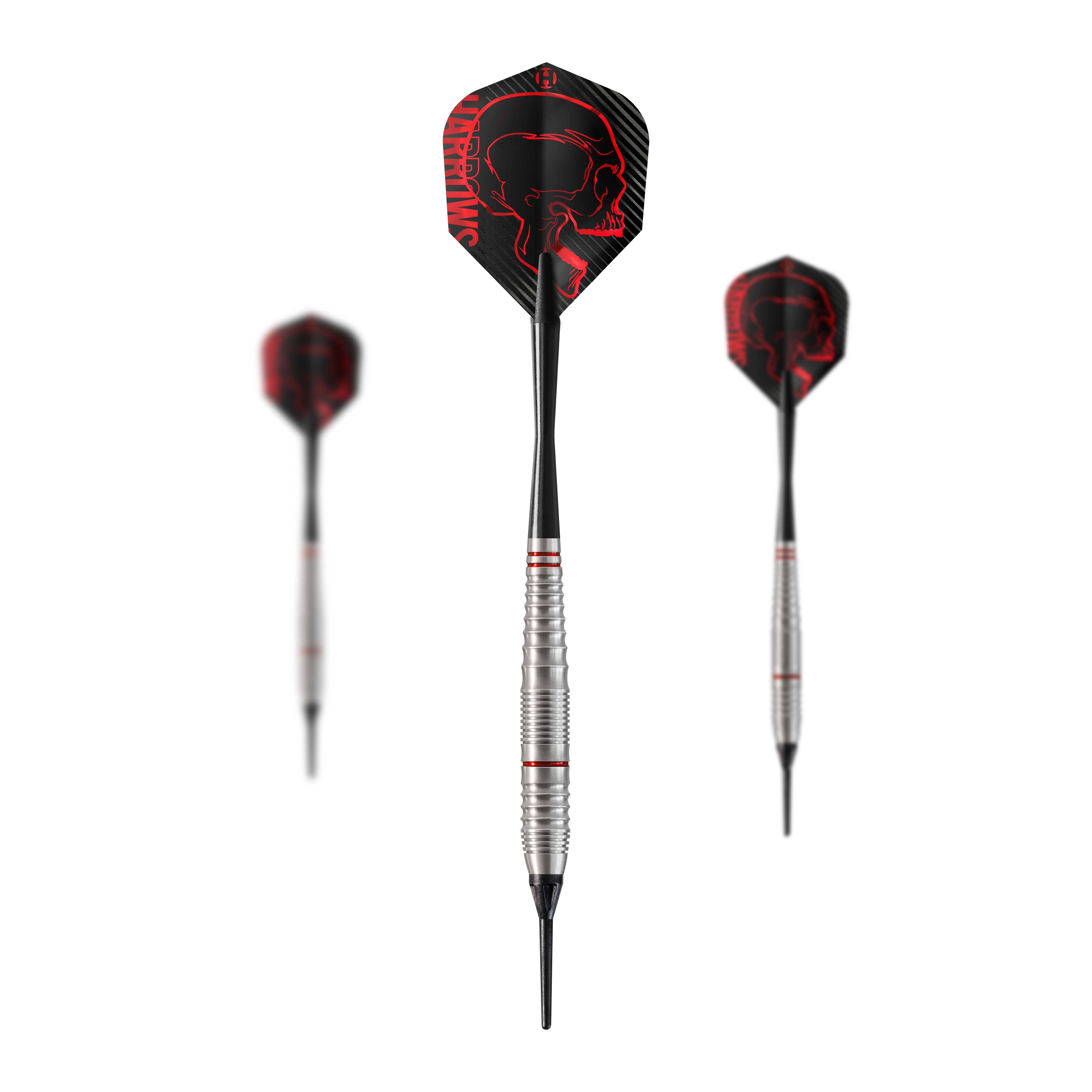Harrows Rage Softdarts Das Bild zeigt drei Harrows Rage Softdarts mit silbernen Schäften und roten Akzenten. Die Flights sind schwarz mit einem roten Totenkopf-Design und dem Schriftzug "Harrows".