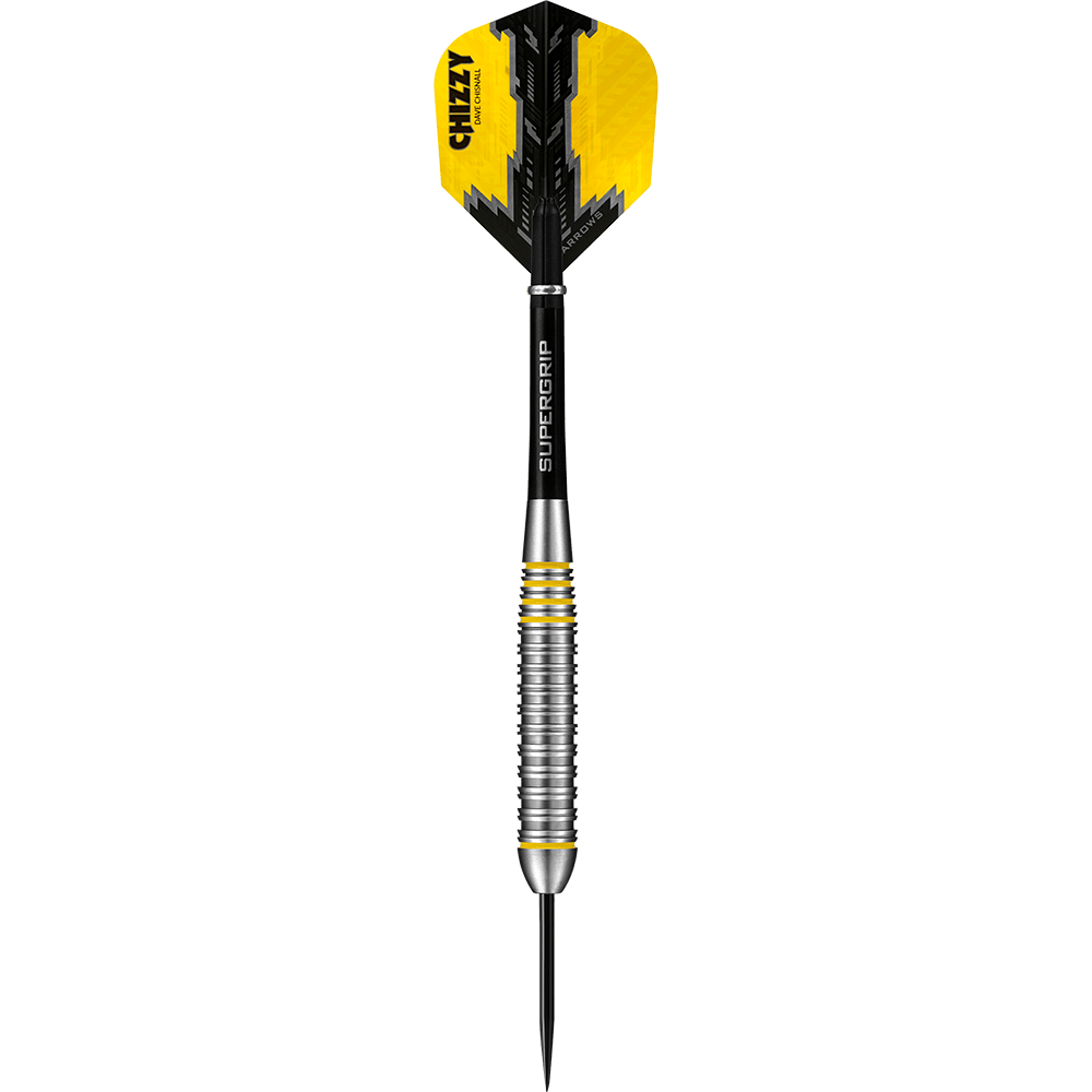 HA24490_Harrows_Dave_Chisnall_Chizzy_Brass_Steeldarts_1NlFaTHfX0zU4a Das Bild zeigt einen Harrows Dave Chisnall Chizzy Brass Steeldart. Der Dartpfeil hat gelb-schwarze Flights und einen silbernen Schaft mit gelben Akzenten.