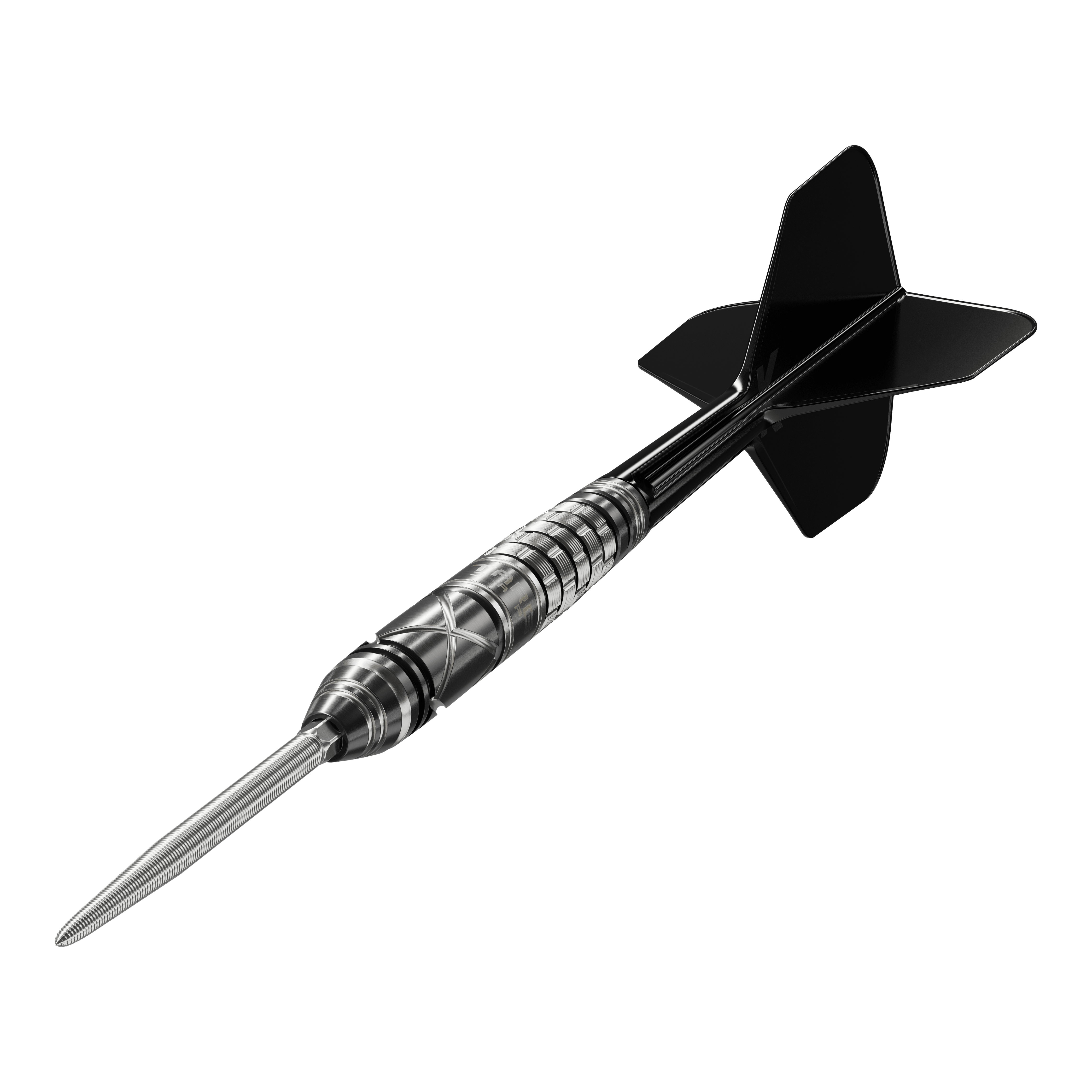 Target Japan Black Marque Chaos 2 SP steel darts Das Bild zeigt einen Target Japan Black Marque Chaos 2 SP Steeldart. Der Dart hat ein elegantes, schwarzes Design mit präzisen Rillen am Griff.