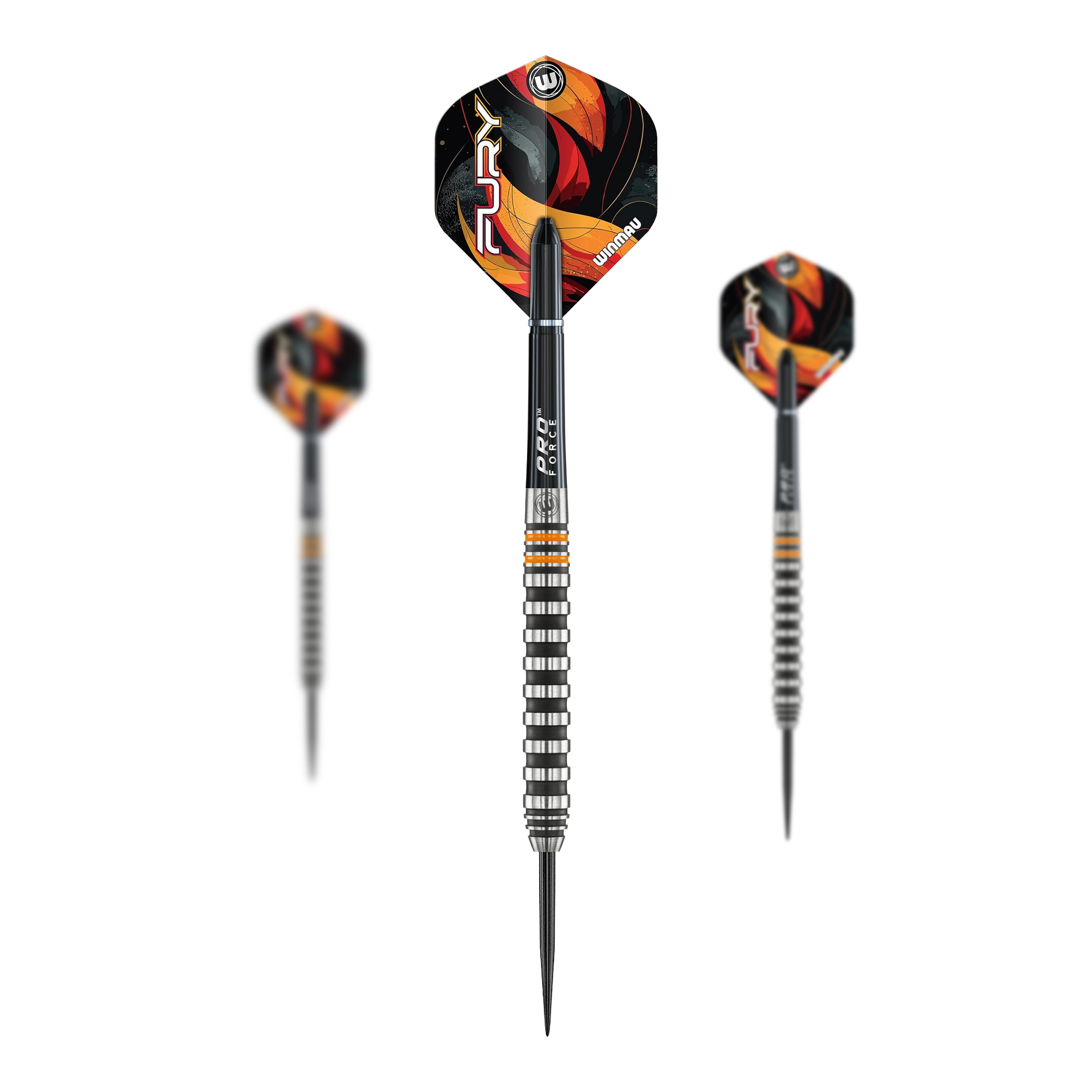 Das Bild zeigt die Winmau Fury Steeldarts mit einem Gewicht von 22g. Diese Darts sind für Steeldartspieler geeignet.