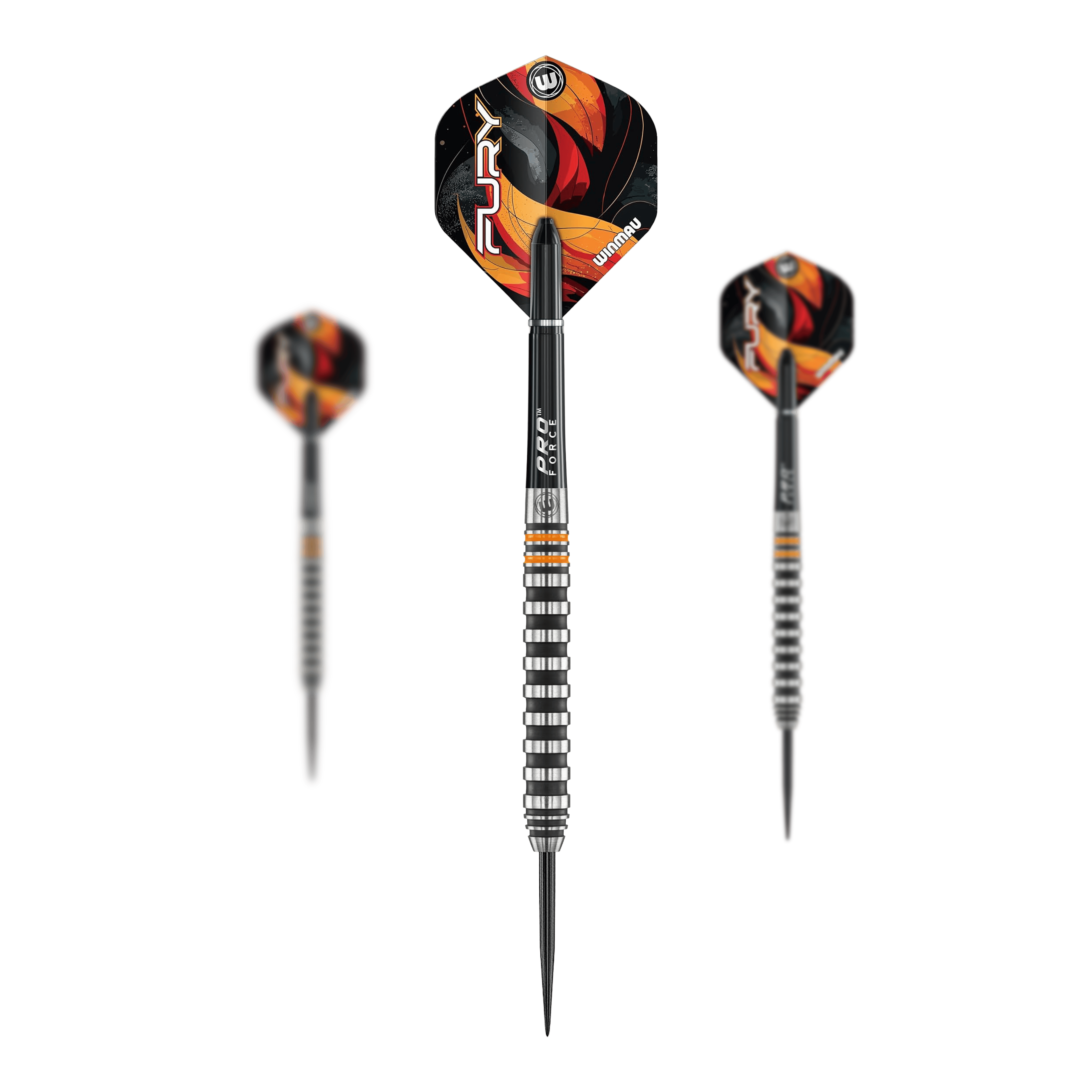 Winmau Fury steel darts - 22g Das Bild zeigt die Winmau Fury Steeldarts mit einem Gewicht von 22g. Diese Darts sind für Steeldartspieler geeignet.