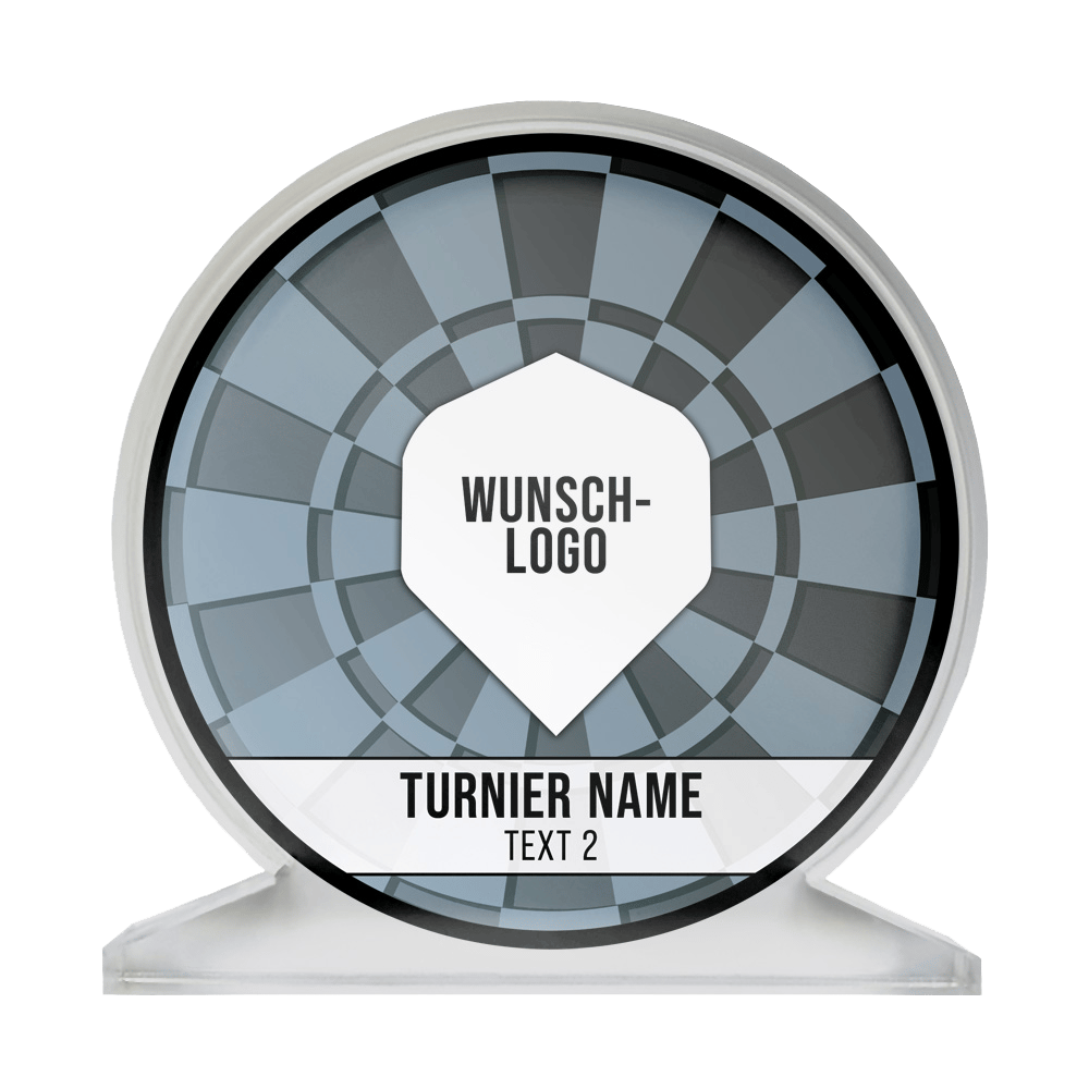 ACP-Schwarz_Acrylglas_Pokal_mit_Wunschdruck_Logo_Schwarz_1 Auf dem Bild ist ein runder Acrylglas-Pokal mit einem schwarz-grauen Dart-Design zu sehen. In der Mitte steht "WUNSCH-LOGO" und darunter "TURNIER NAME" sowie "TEXT 2".