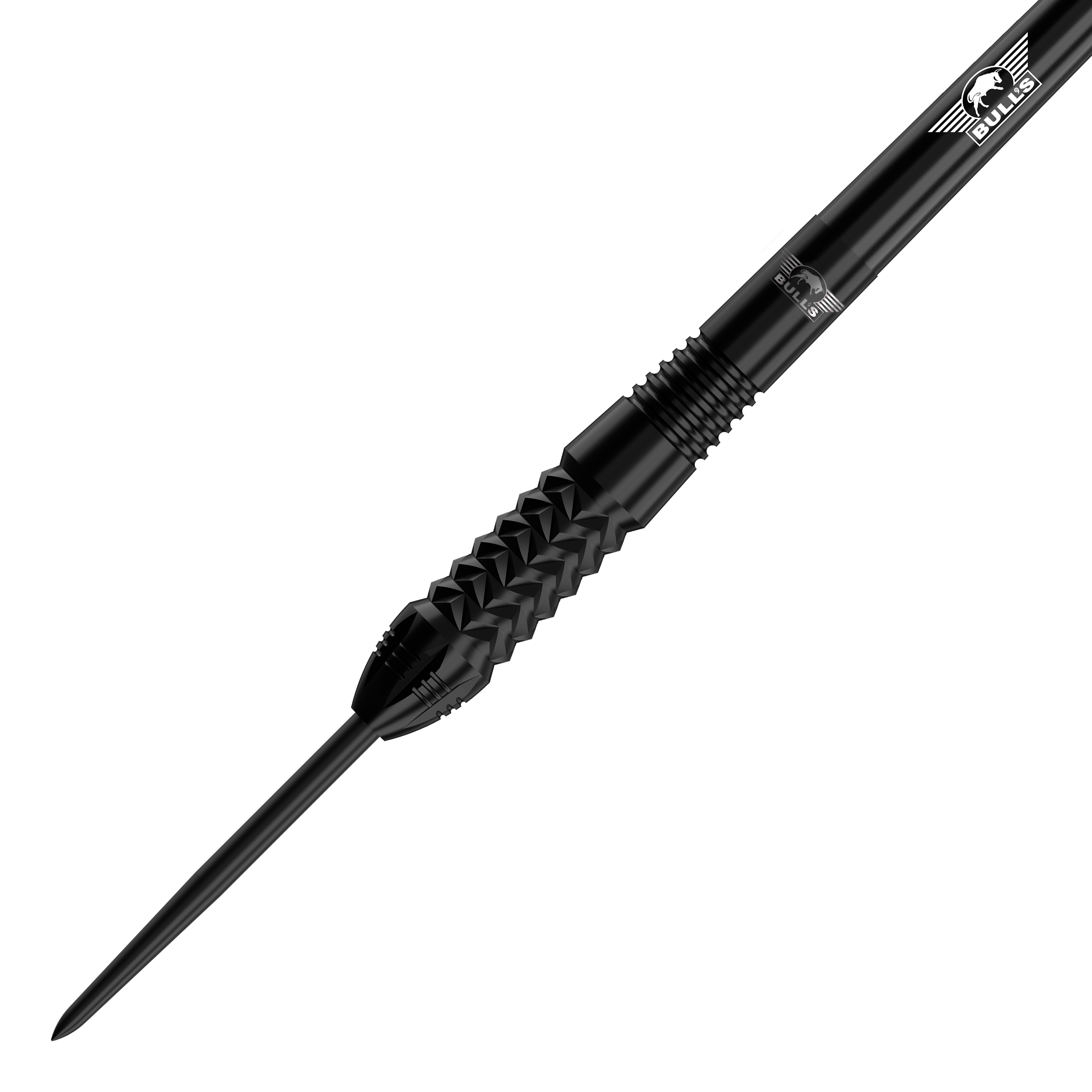Bulls NL Caliber Black steel darts Das Bild zeigt einen schwarzen Steeldart der Marke Bulls NL Caliber. Der Dart hat eine strukturierte Griffzone und ein glänzendes, elegantes Design.